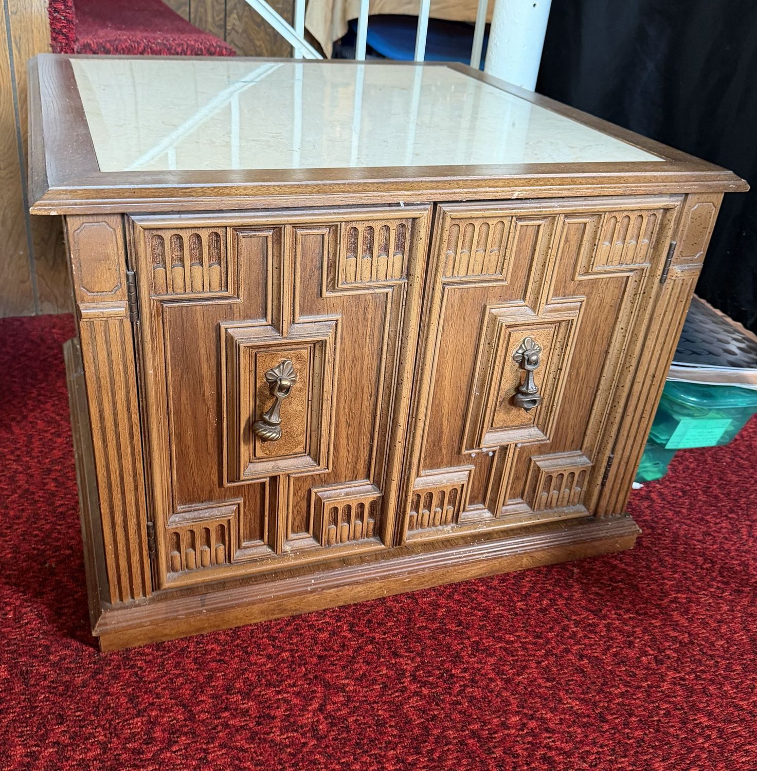 Vintage square side table with marble-like top, drop pulls for 2-door storage, good condition, needs some cleaning (This item is heavy & in the lower level) 19"H x 27"W