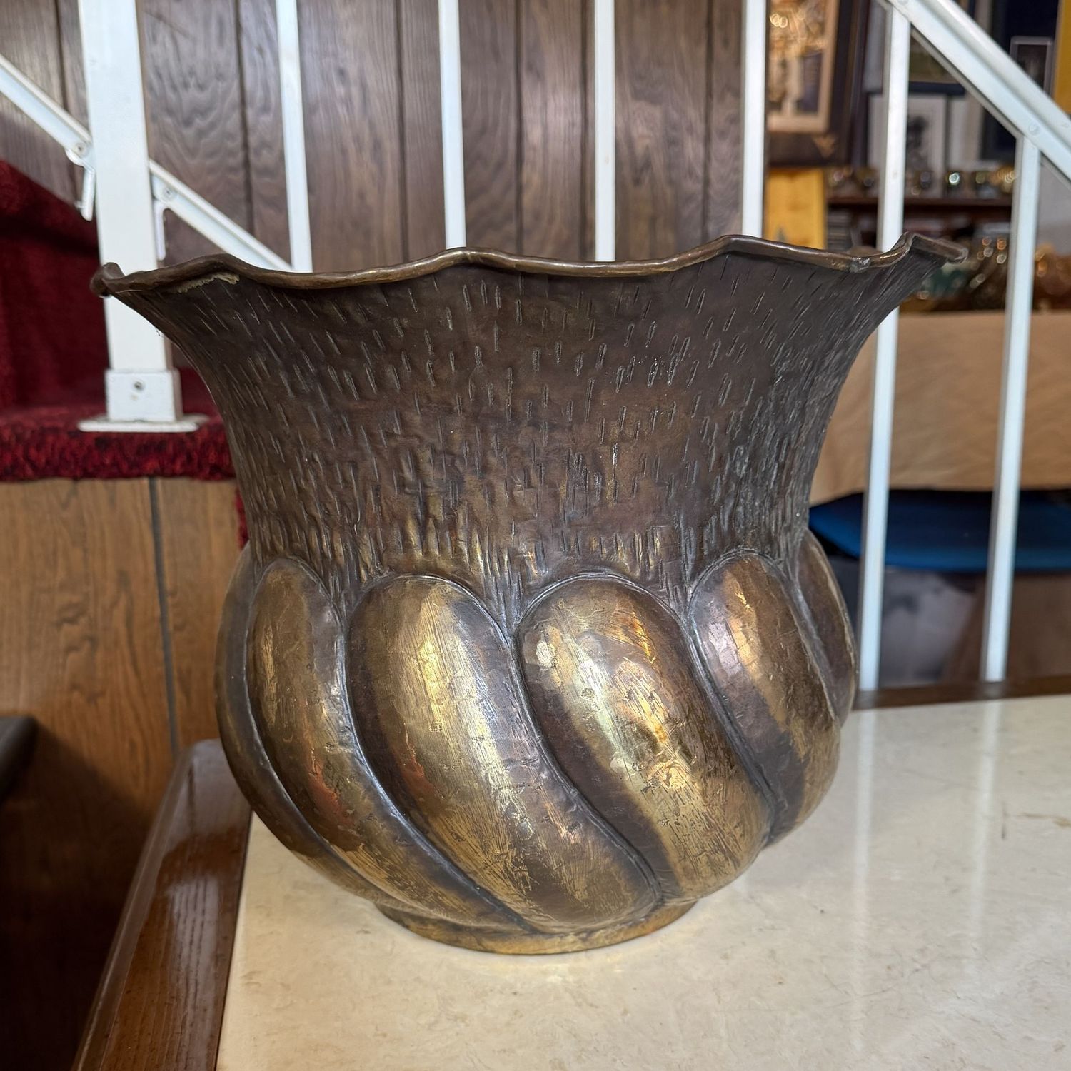 Large hammered brass planter with flared rim and spiraled base, Italian, 11"H x 14"W