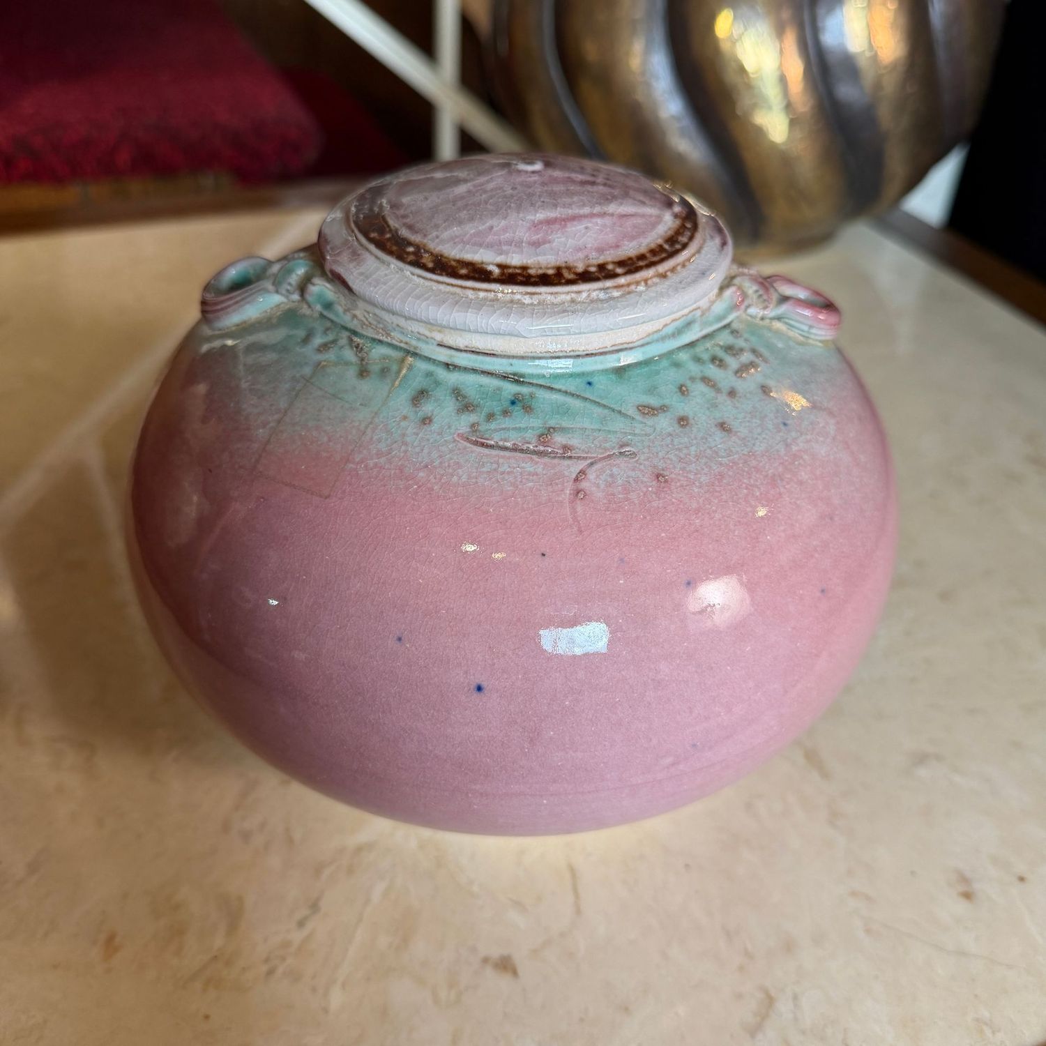 Pink and green glazed pottery jar, Pisgah Forest-style, 5.5"H x 7.5"W