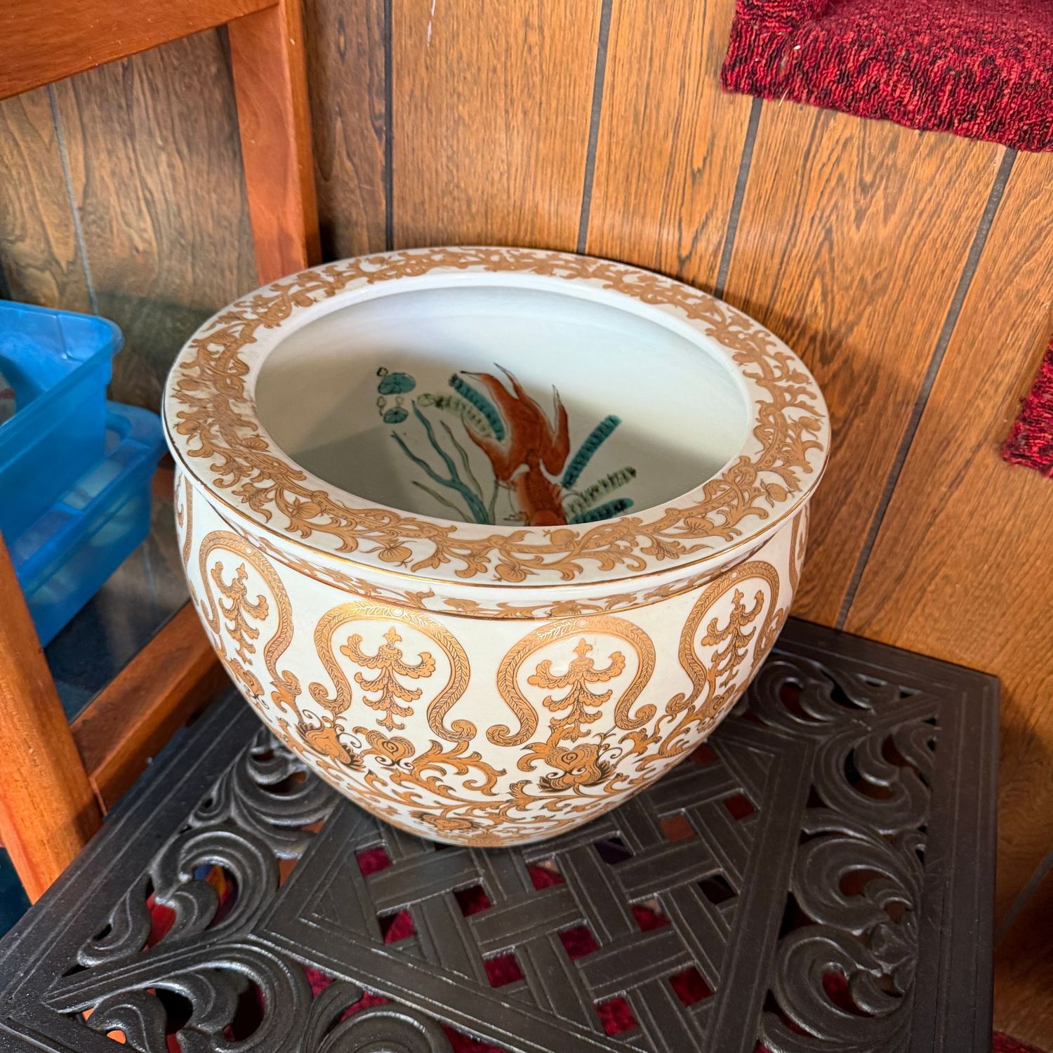 Large koi fish bowl planter with scrolling gold exterior, 11"H x 14"W