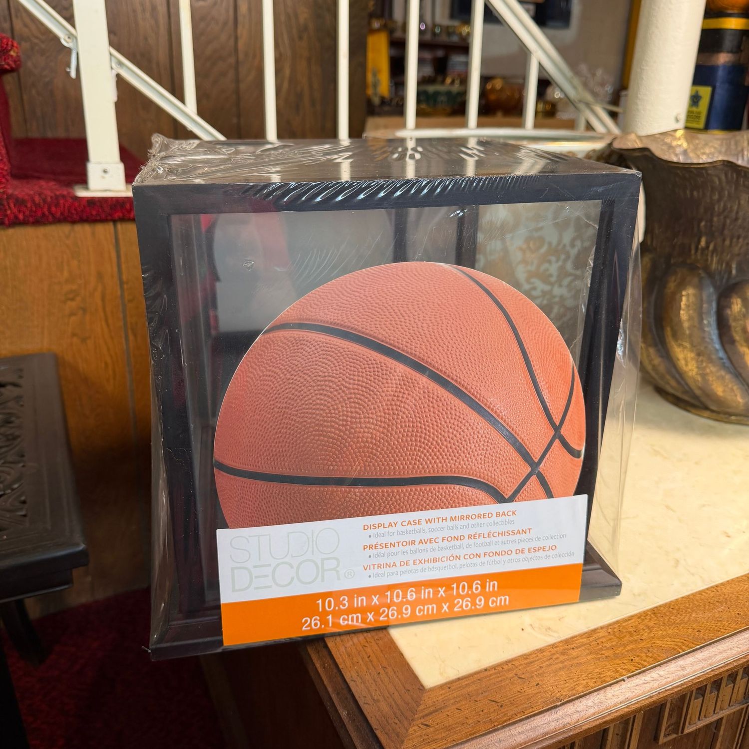 Studio Decor basketball display case, glass with mirrored back, plastic frame