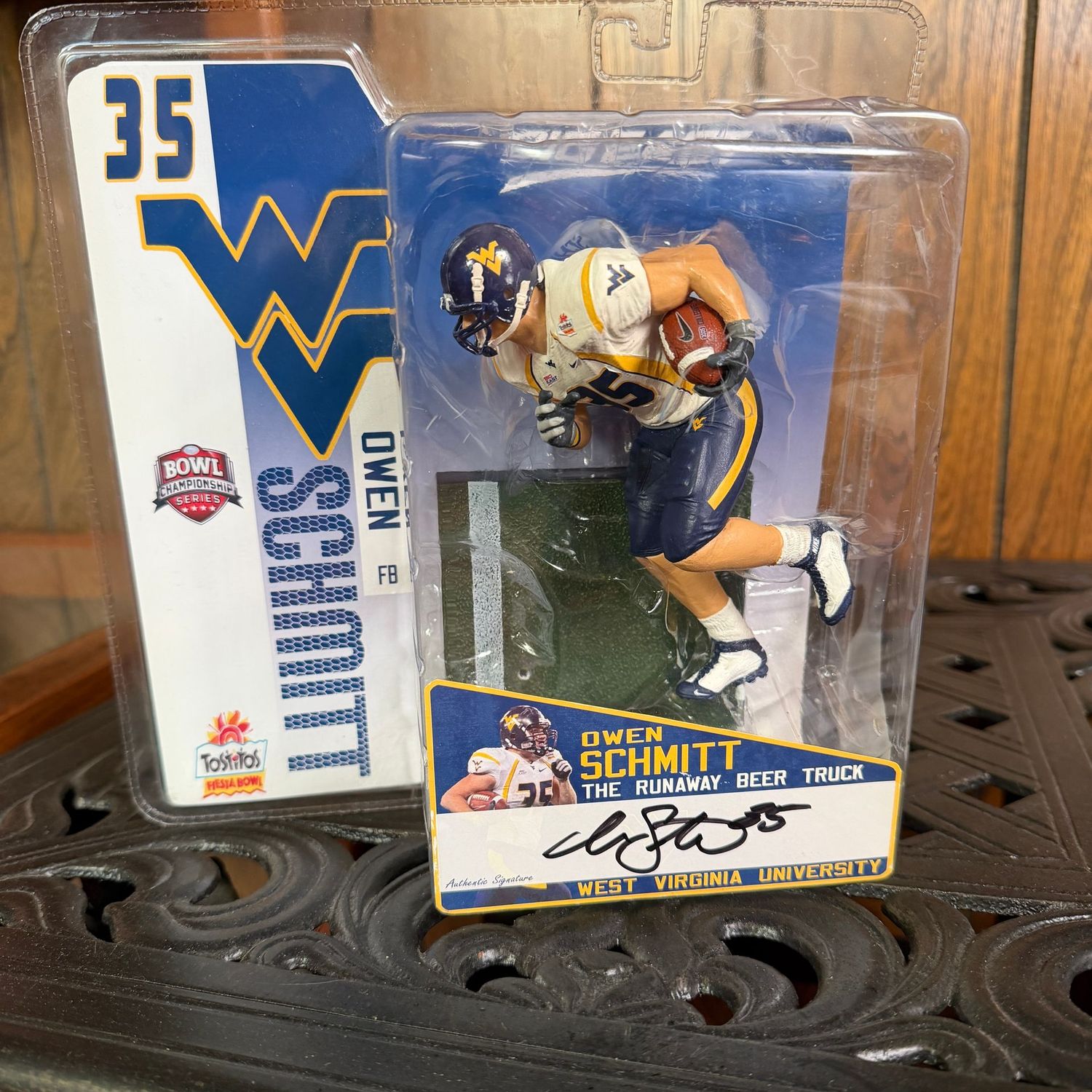 Action Figure A, WVU Owen Schmitt signed in package Fiesta Bowl