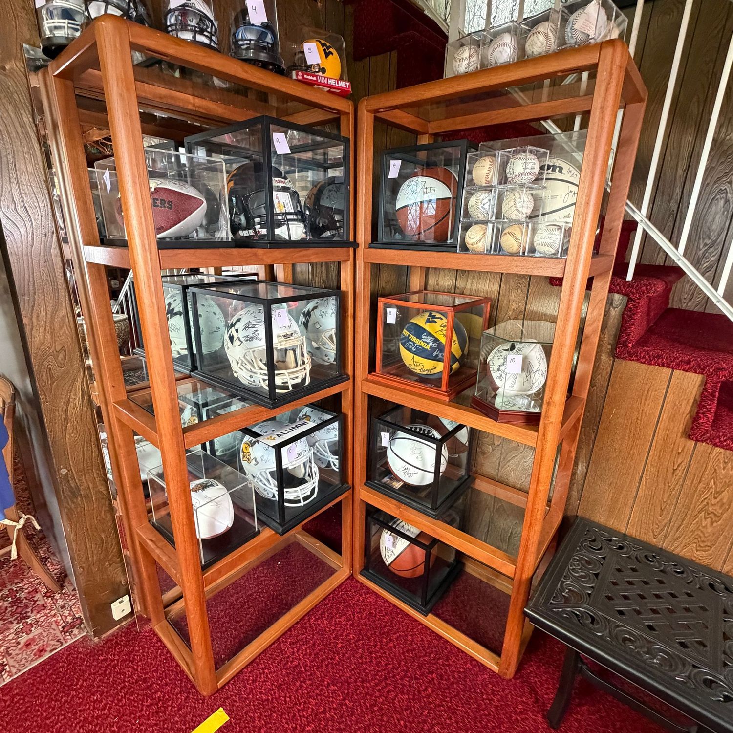 Pair of tall display shelves with glass on each shelf and top, nice condition, need minor cleaning, 5'10"H x 15"D x 27"L (these are heavy and in the lower level)