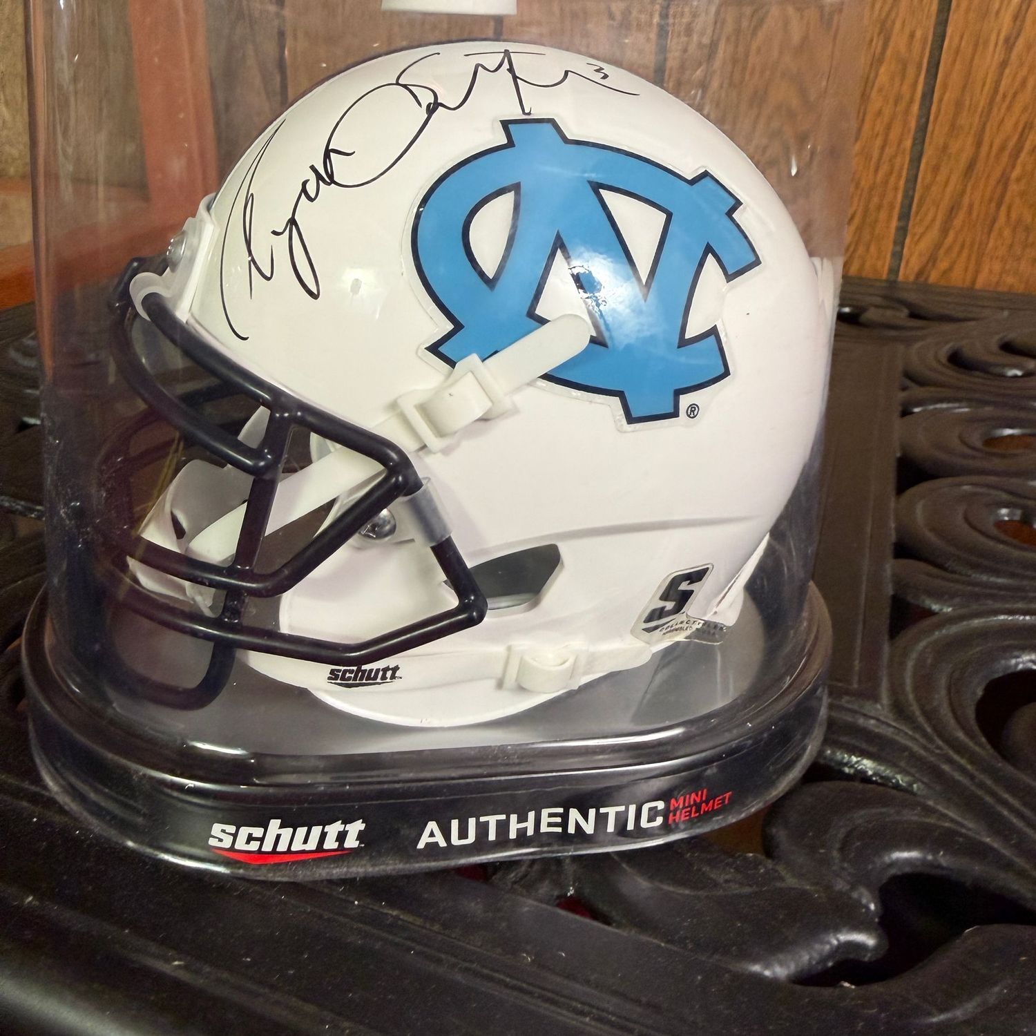Mini football helmet #3, Schutt mini helmet 5", White & Blue North Carolina, Signed by Ryan Switzer