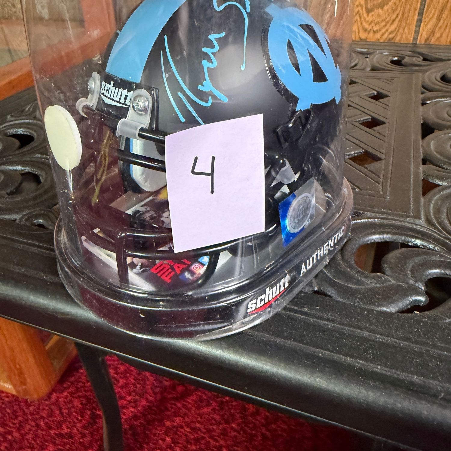Mini football helmet #3, Schutt mini helmet 5", Black & Blue North Carolina, Signed by Ryan Switzer, JSA certified