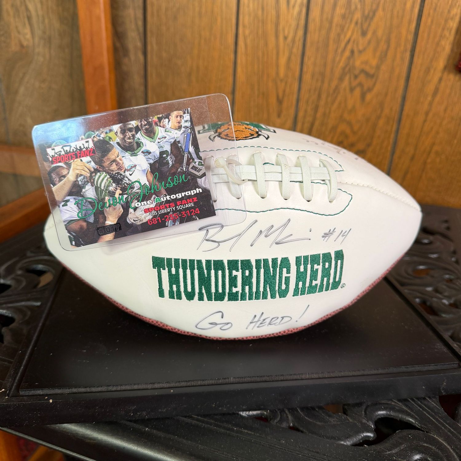 Football in case #9, Marshall Thundering Herd signed by Devon Johnson, Aaron Dobson, and more