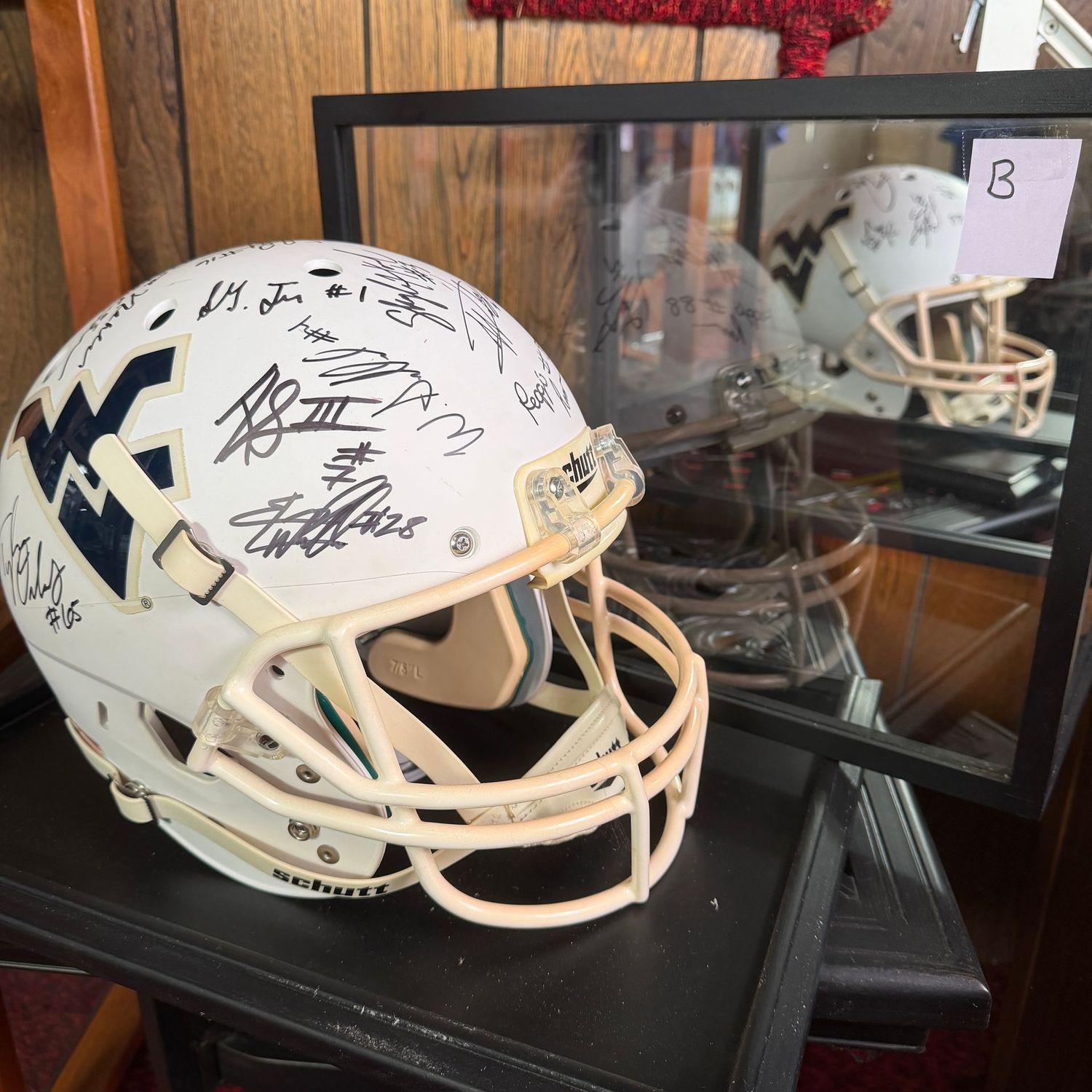 Autographed Full-Size Football Helmet in Case B, WVU, Major Harris, Shaq Petteway, Stedman Bailey, Don Nehlen, Tyler Orlosky, Reggie Rembert, and More