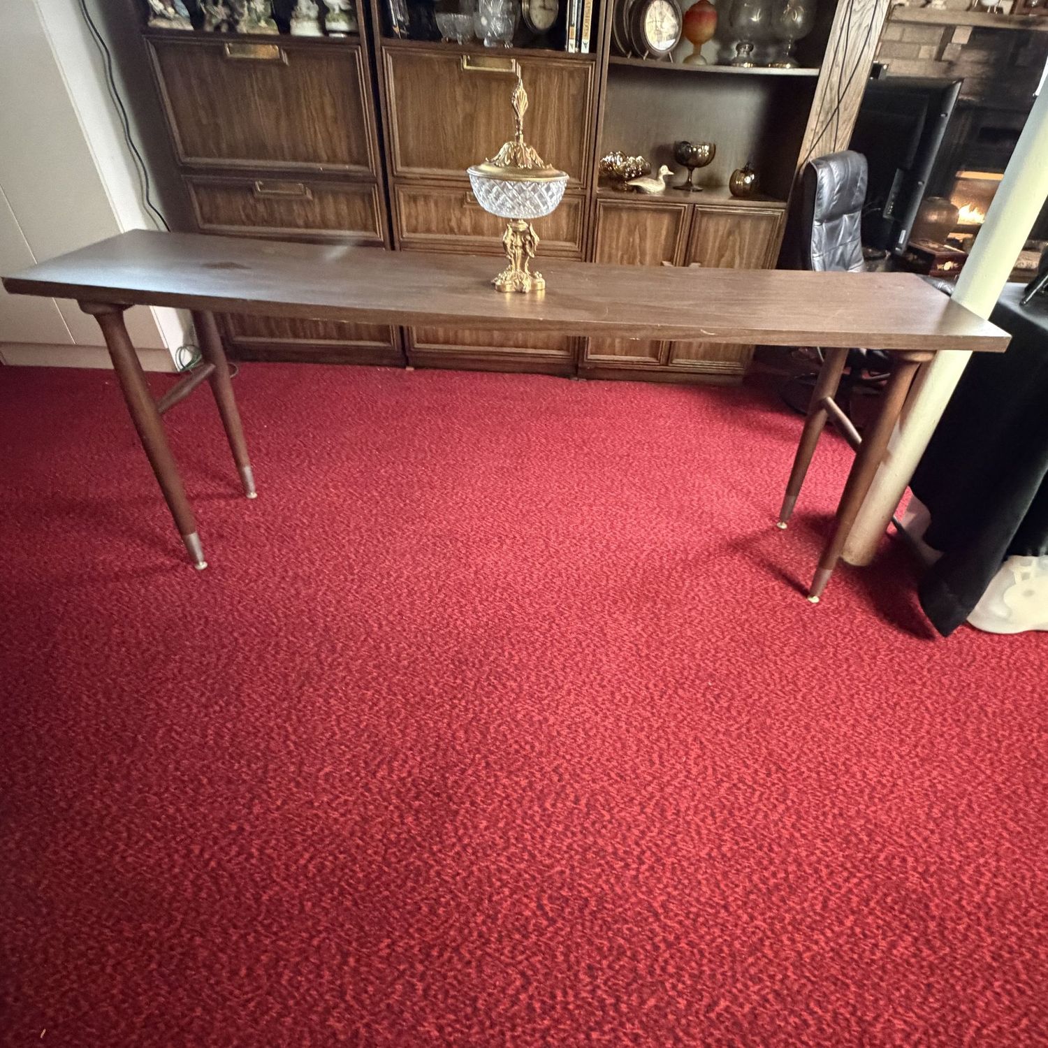 Long mid-century console/hall table, a few chips and scratches (mostly to one side), 29"H x 6'5"L x 18"W (This item is heavy and in the lower level)