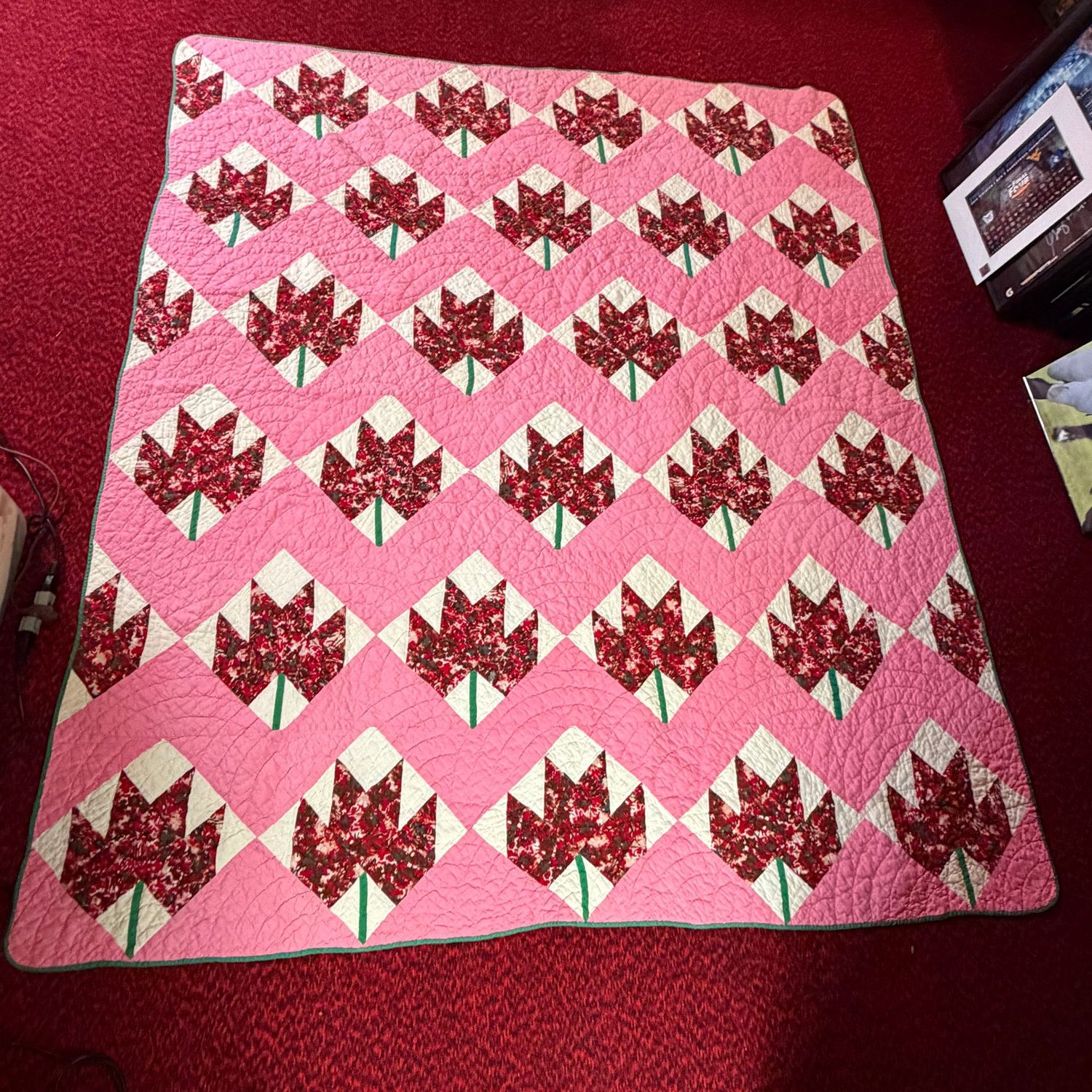 Bright Pink floral, tulip, handmade quilt, good condition, 68" x 80"