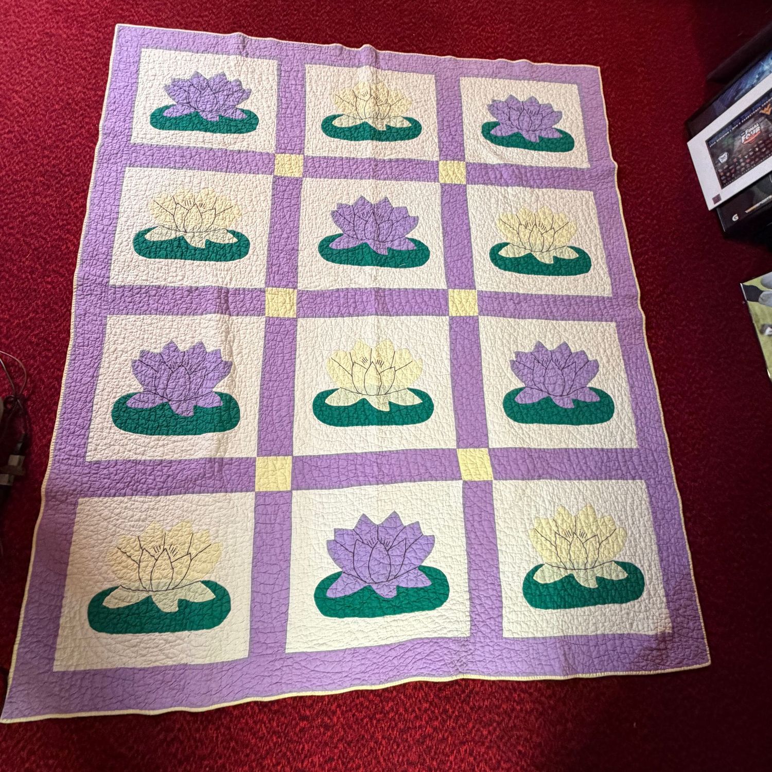 Lavender and cream water lily handmade quilt, good condition, 64" x 76"