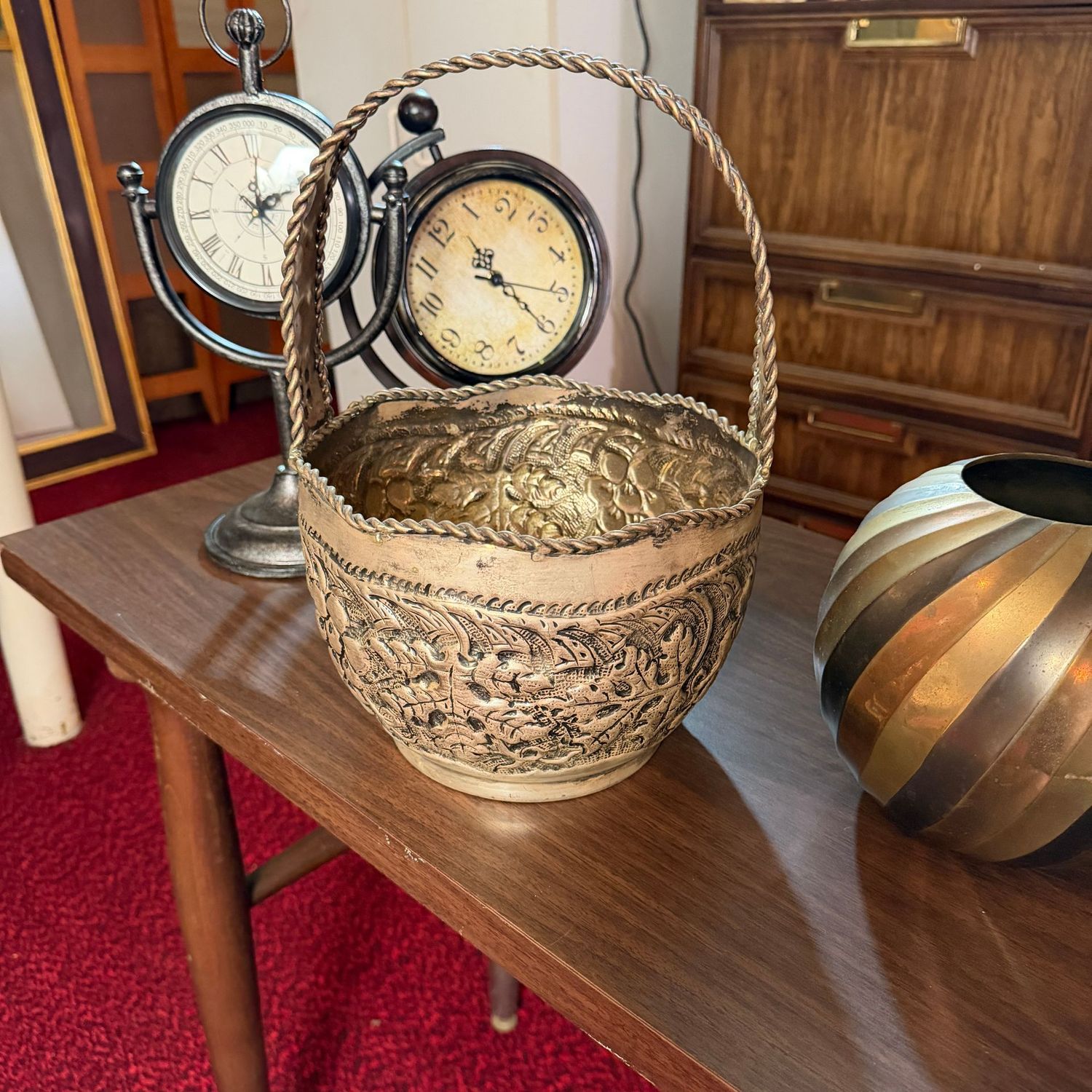 Large silver-tone metal basket with repousse grapes and leaves, 14"H x 9"W