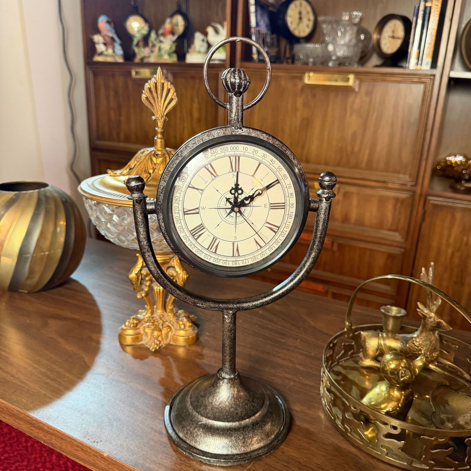 Battery-operated stopwatch-style clock on a round base, 14"H