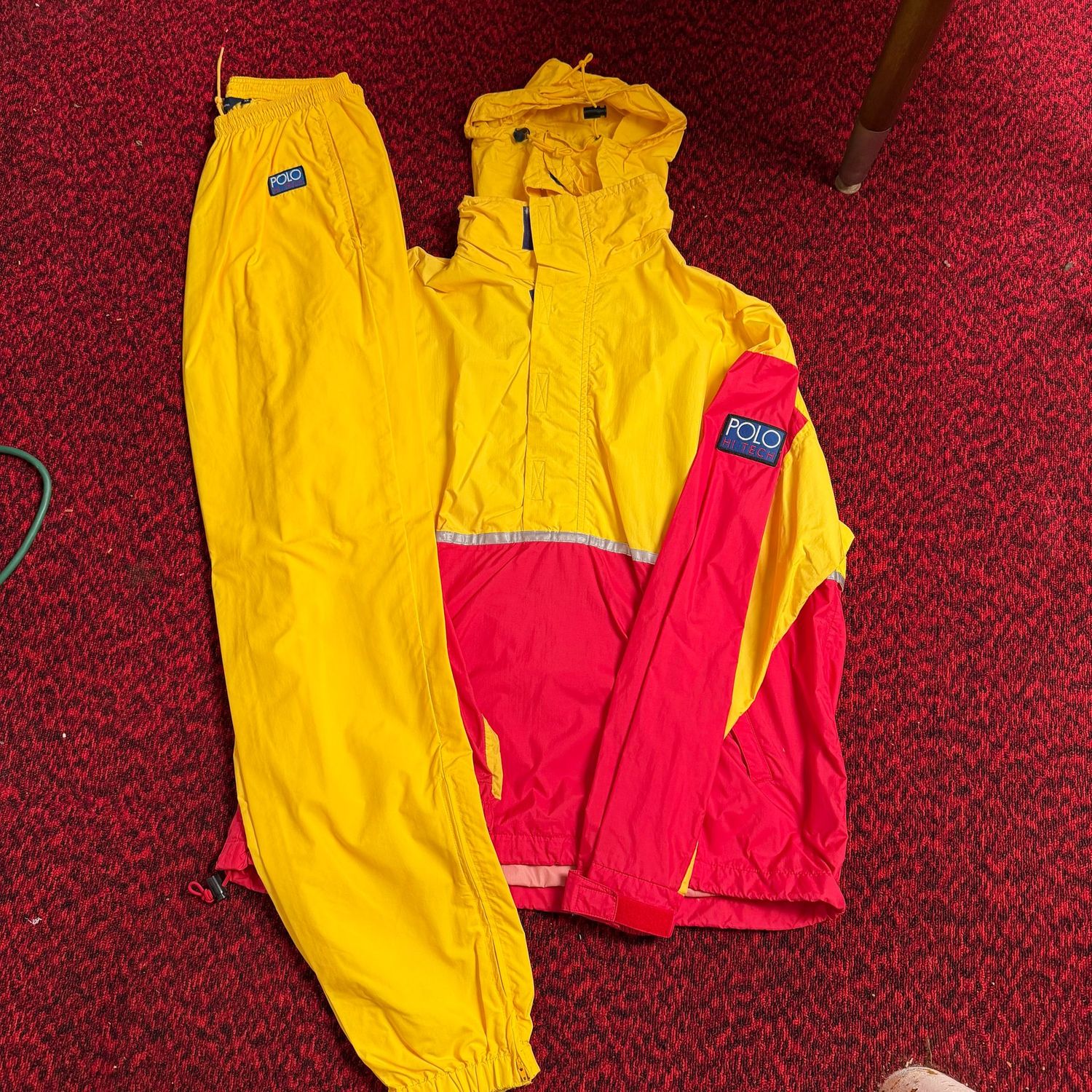 Ralph Lauren bright yellow and red Polo Hi Tech rain/windbreaker hooded jacket and pants, size XL (more like a L)