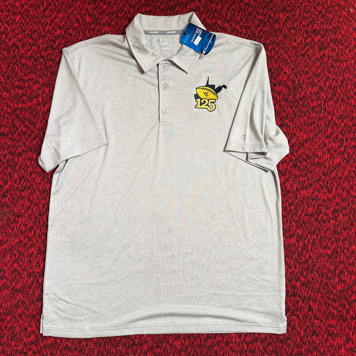 WVU Champion polo shirt with tags, grey with embroidered WVU football over state with 125, size M