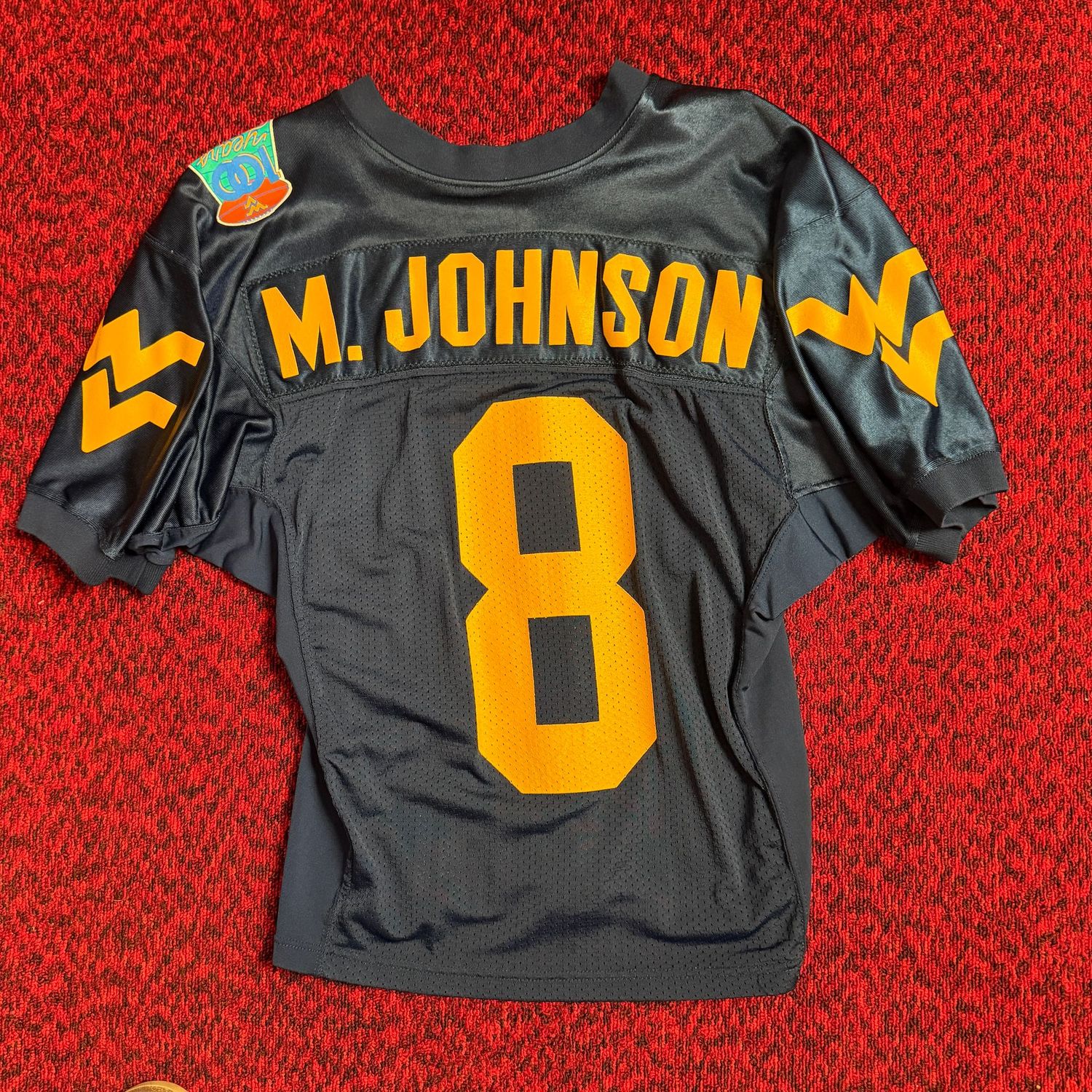 WVU #8 black and gold jersey 100 years shoulder logo, size 36