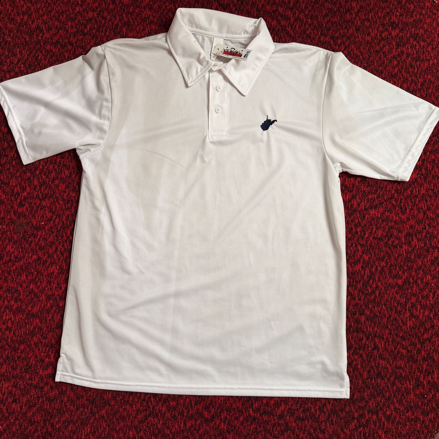 Lightweight white polo golf shirt with embroidered West Virginia state, with tags, size L