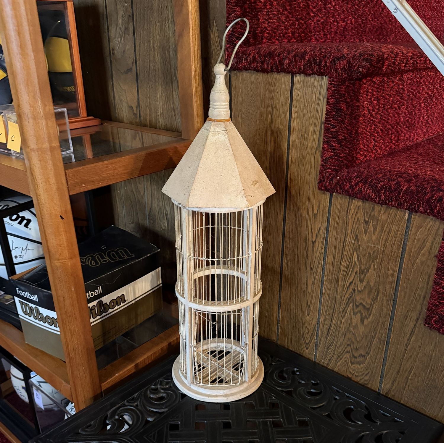Tall and slender wood decorative birdcage, some wear, 25"H x 8"W