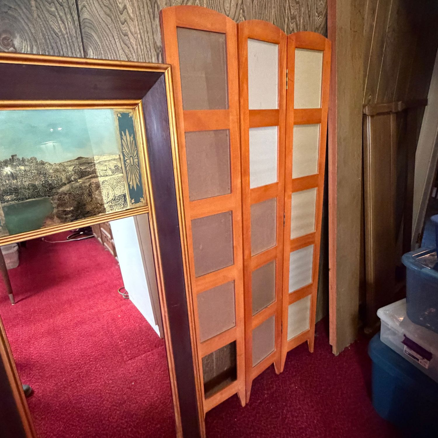 Tri-fold photo display screen (missing one glass pane), sturdy, each opening holds an 8x10, 5'8"H and each panel is 10"W (This item is heavy & in the lower level)