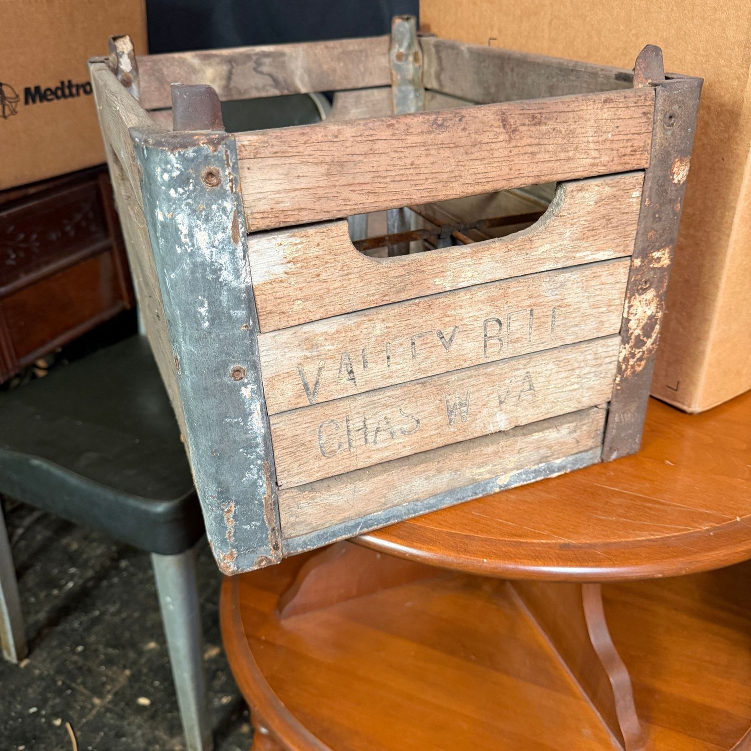 Valley Bell, Charleston W.VA wood and metal milk bottle crate