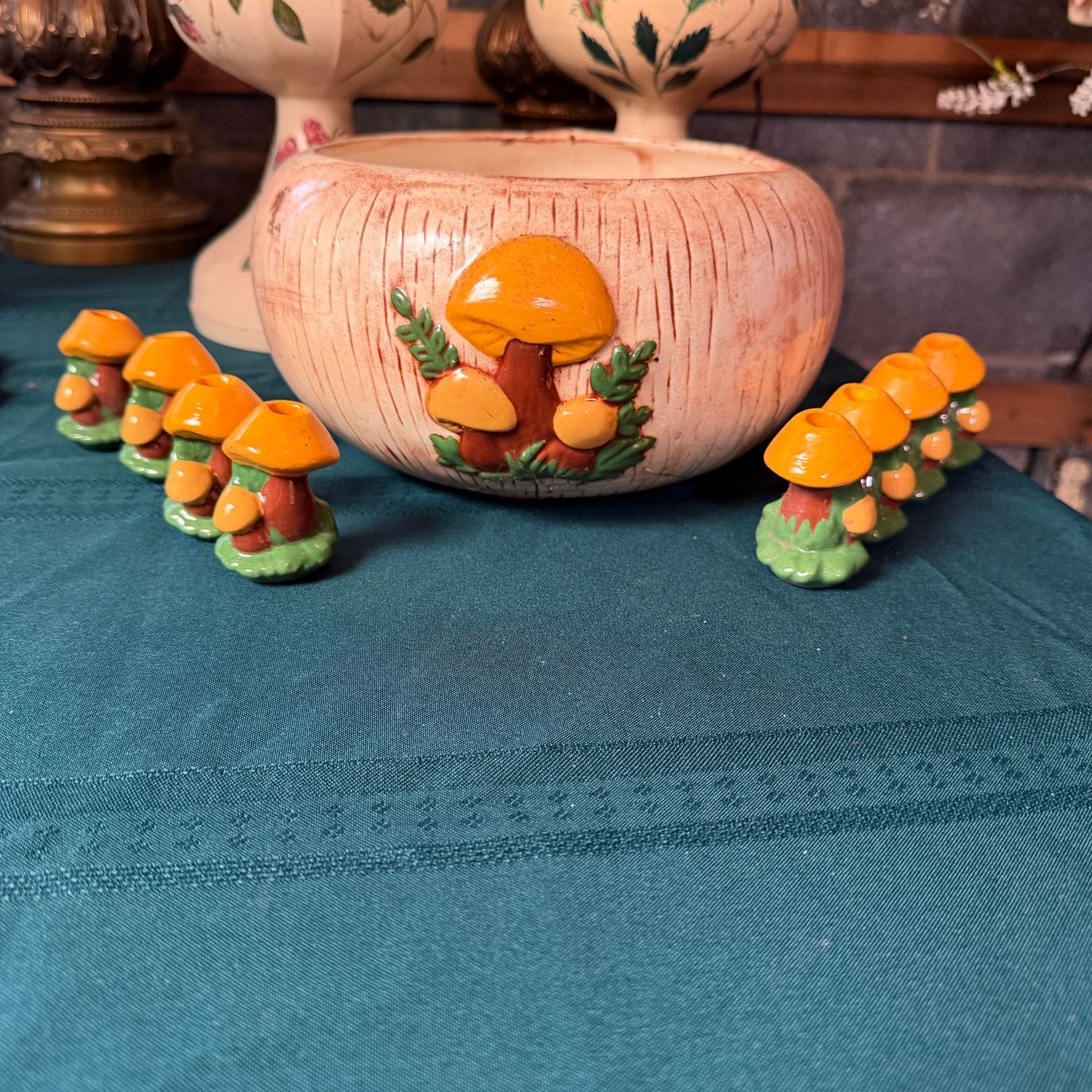Vintage ceramic yellow mushroom planter/centerpiece bowl, 11"W, with set of 8 coordinating small candle holders