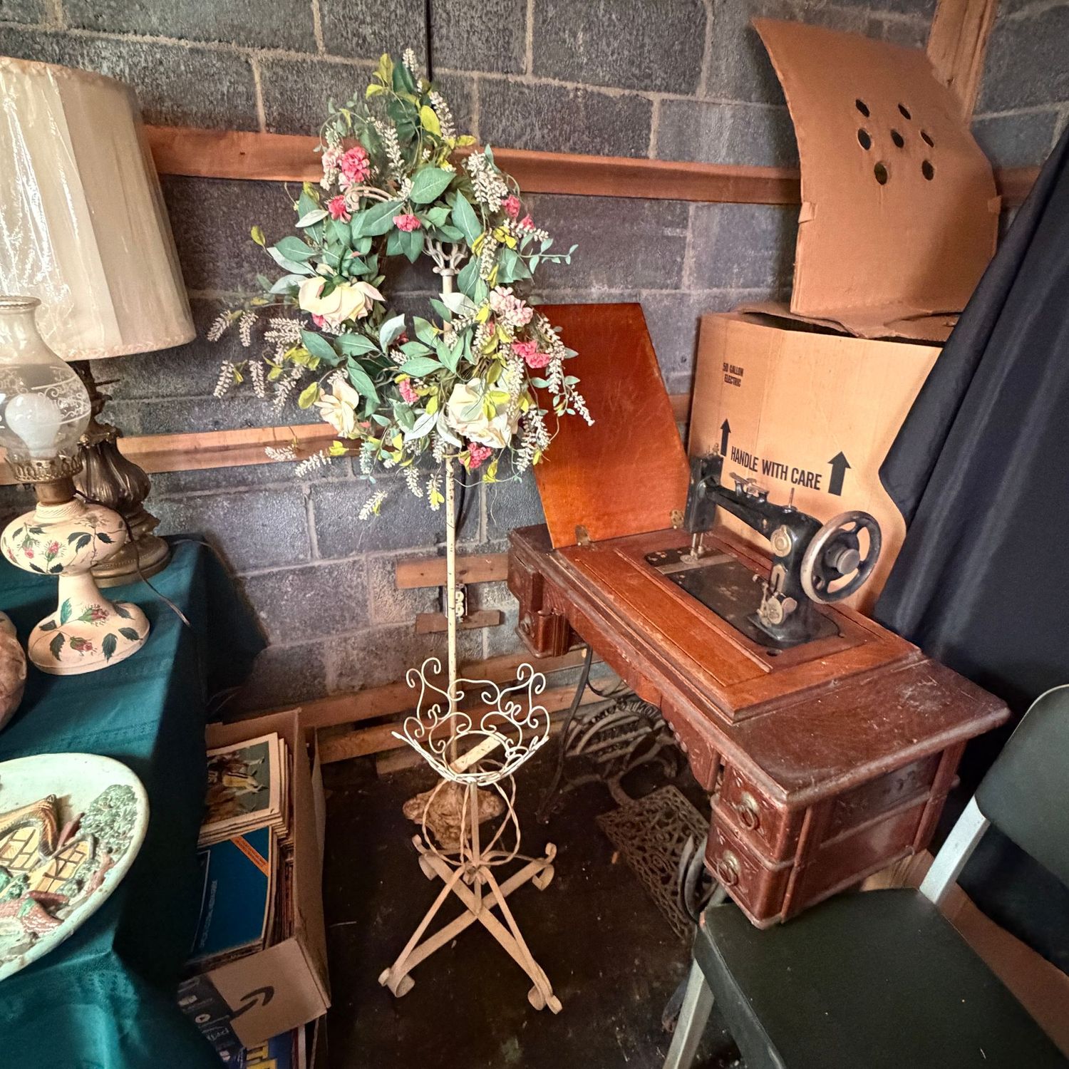 Vintage metal floor lamp body, 48"H (not wired) with lovely wreath, and coordinating 25"H planter stand