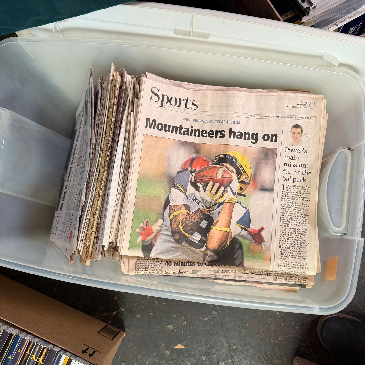 WVU/Sports Ephemera Box #8 newspapers approx. dating from 2008 to 2018 (This item is heavy & in the lower level)