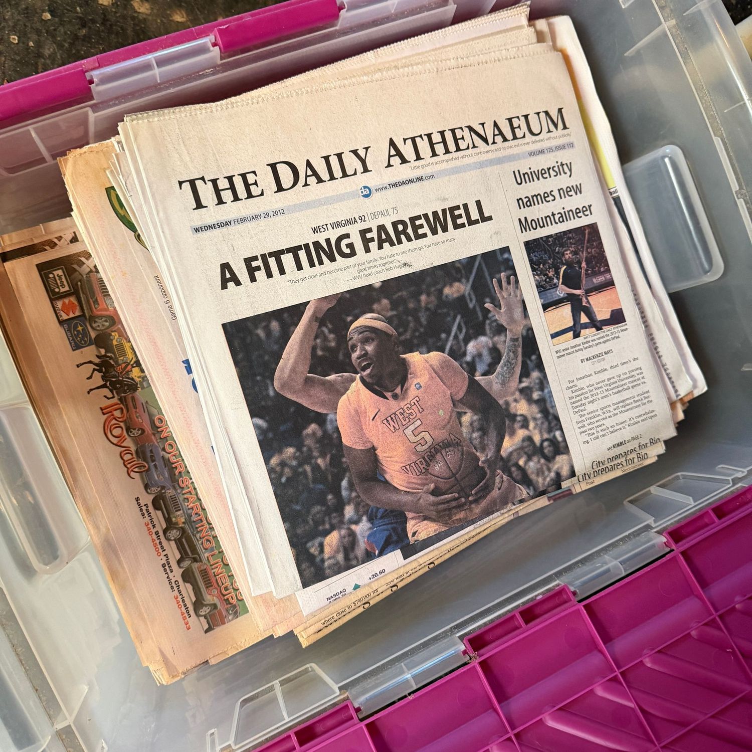 WVU/Sports Ephemera Box #11 clear tote with newspapers mostly in the early-to-mid 2000s