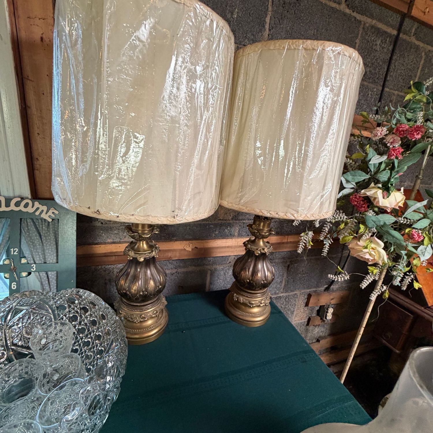 Pair of mid-century Hollywood Glam table lamps, both may need rewiring, milk glass sconce globes, 30"H