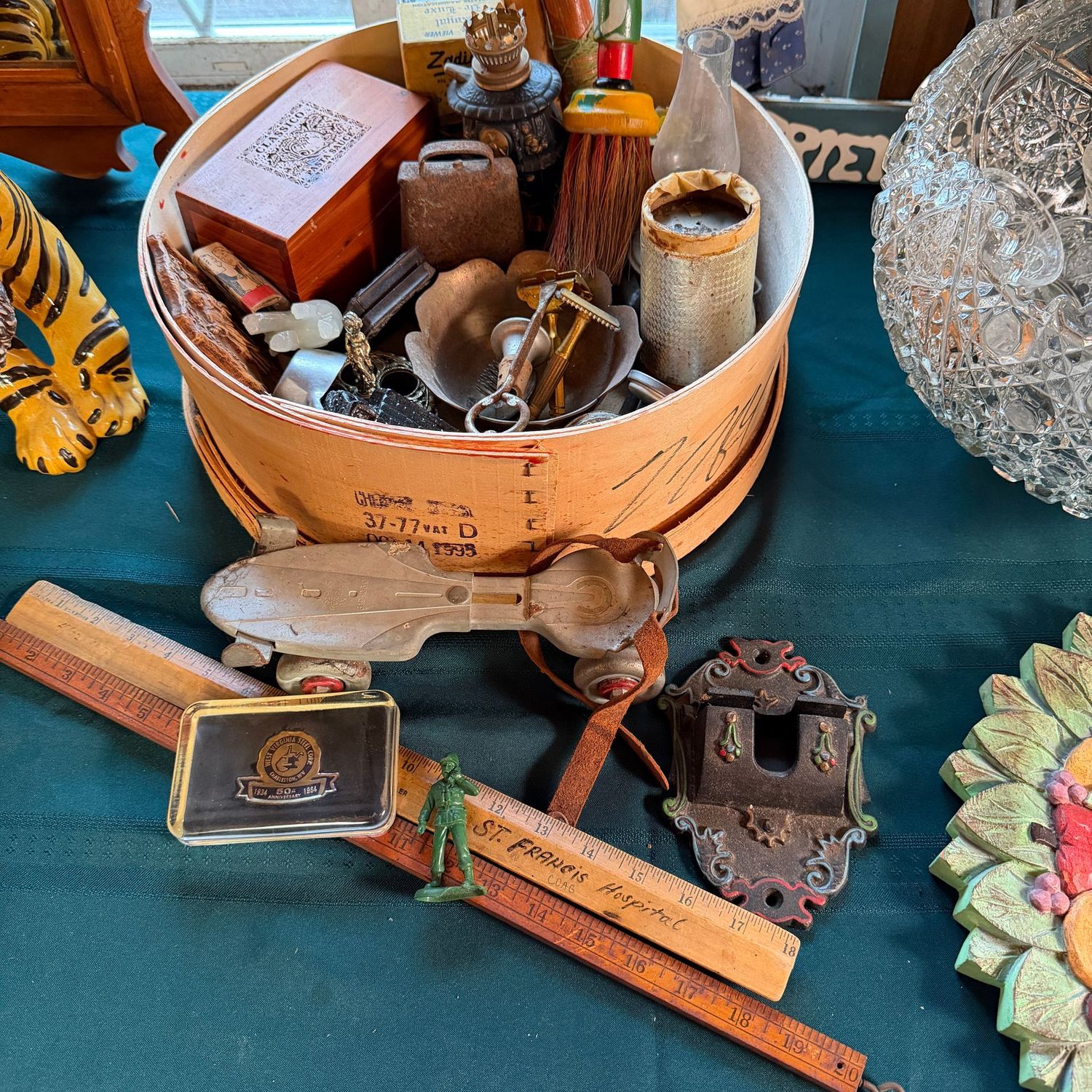 Cheese box filled with vintage items