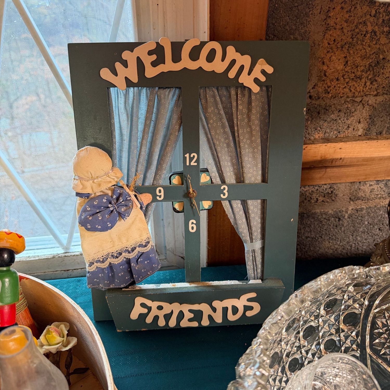 Peek-through wood window Welcome Friends battery-operated clock, 14" x 10"