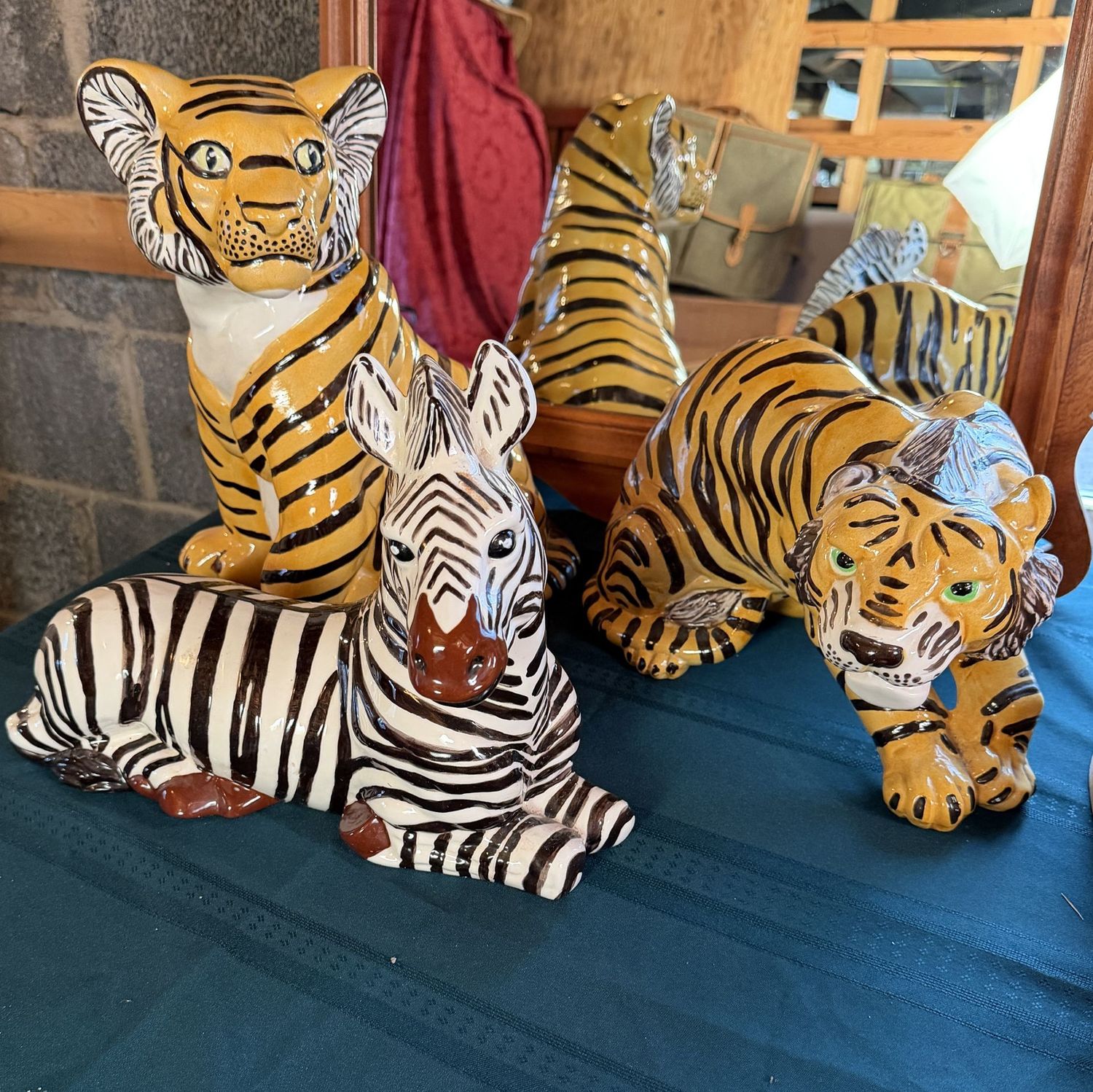 Three large ceramic animals, tigers and zebra, 13"H & 13"L