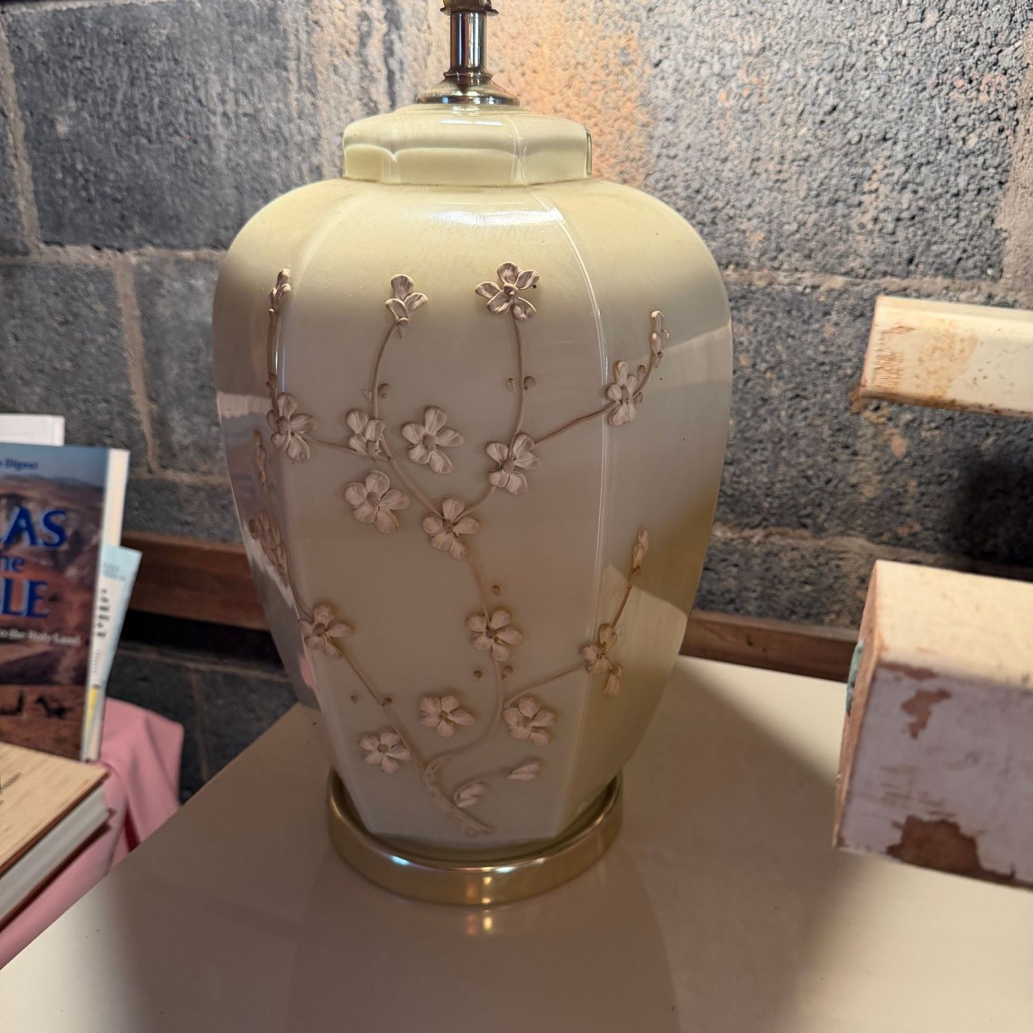 Vintage paneled ceramic table lamp with floral appliques, no shade, 26"H