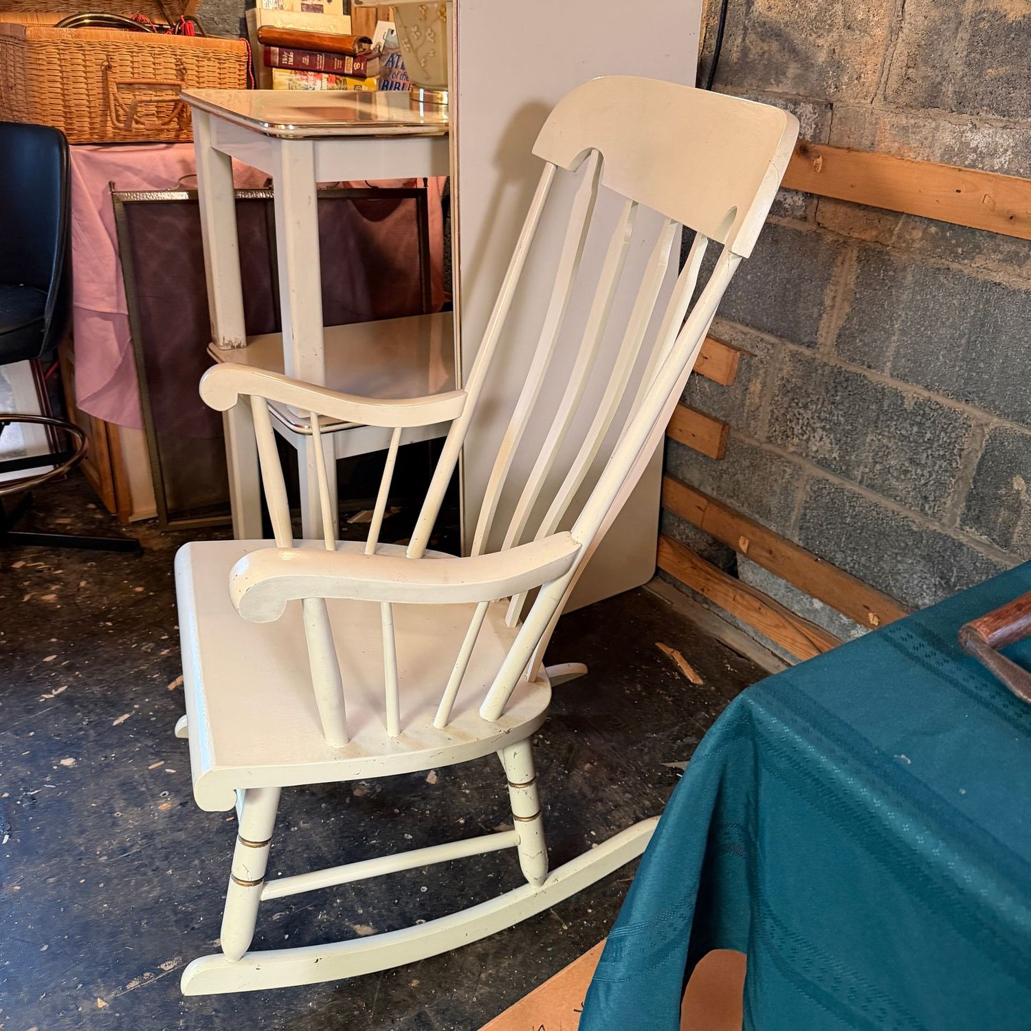 Large rocker with off-white painted finish, minor wear or scratches, 43"H x 24"W