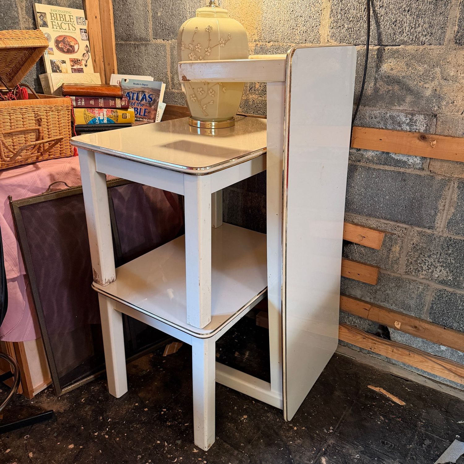 Hollywood Glam 1980s coffee & matching side tables, some scratches & may need a touch of paint on the wood legs (mostly need thoroughly cleaned) side: 20"H x 20"W x 27"L, coffee: 15"H x 48"L x 26"W