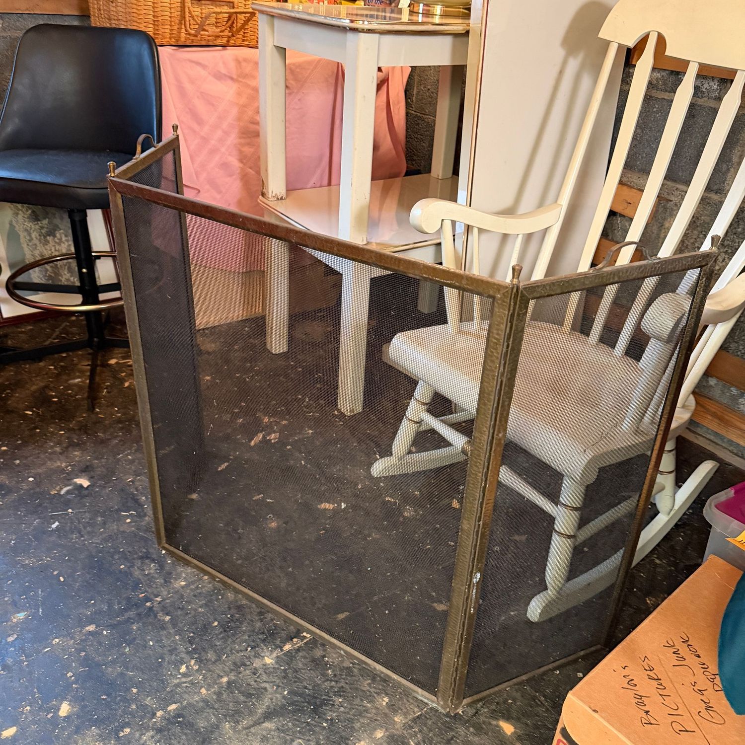 Hammered brass fireplace screen, overall good condition, fits a 40"W x 30"H opening easily