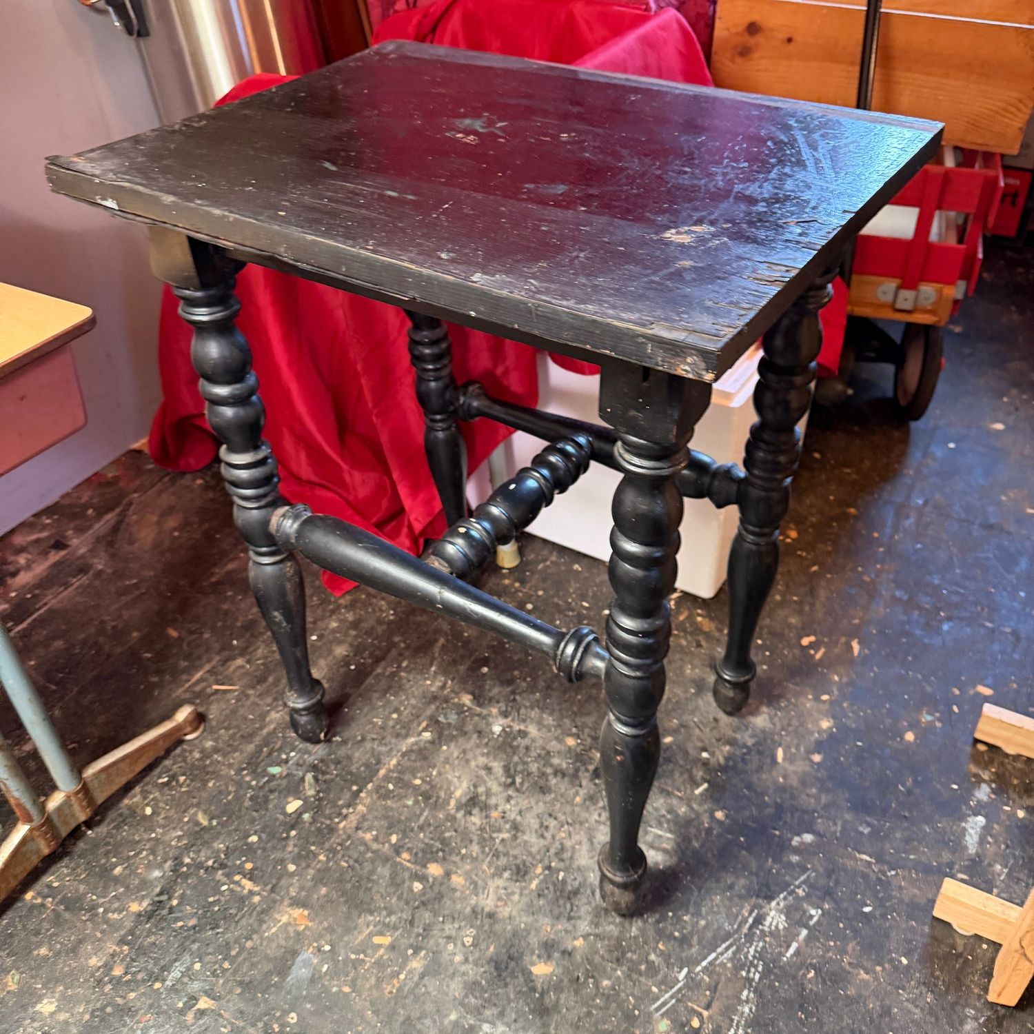 Tall table with turned legs, some refurbishing & veneer work needed, still a great table, ebony finish, 28"H x 24"L x 17"W