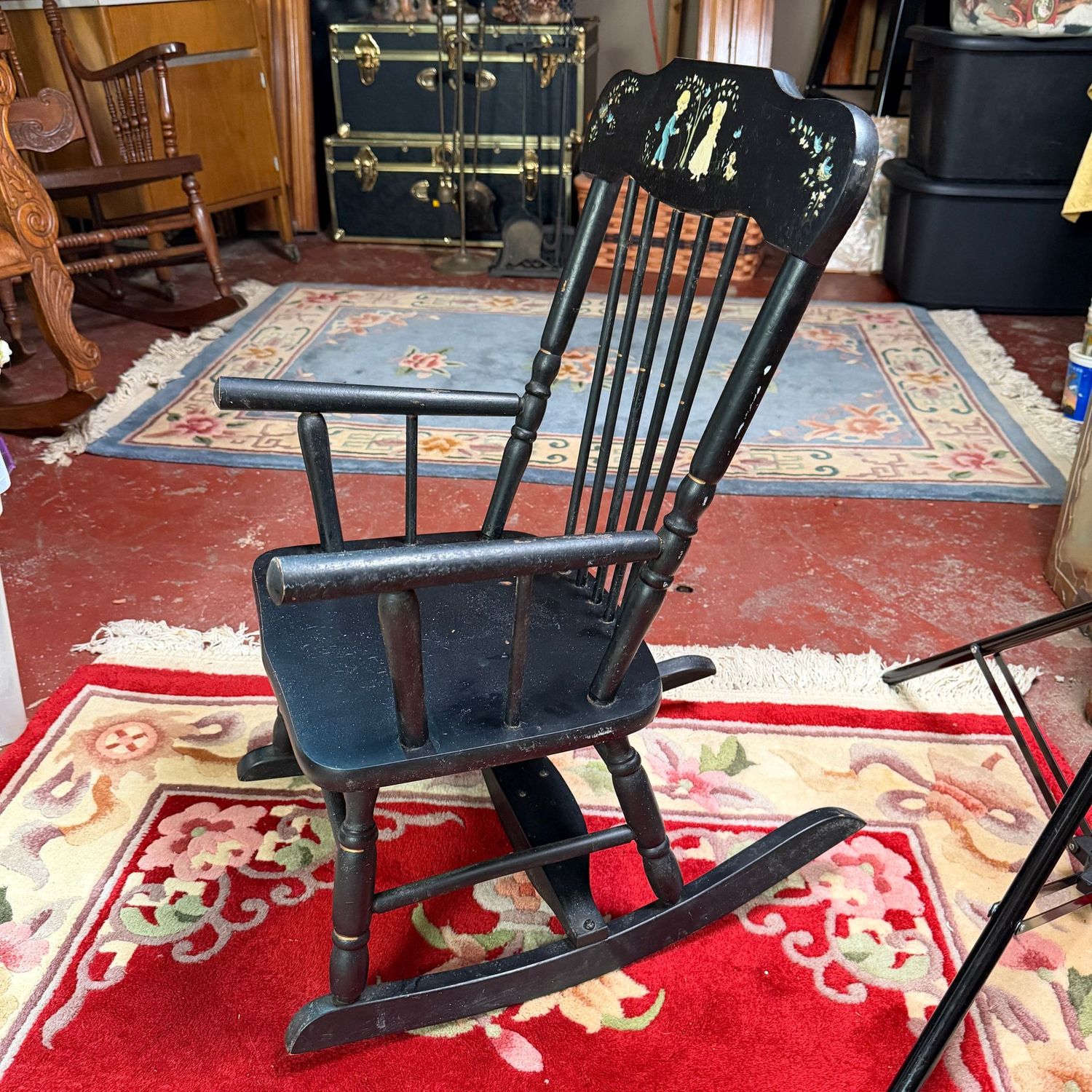 Oak Hill vintage black child's size rocker, some wear to finish, musical, 27"H x 12"W