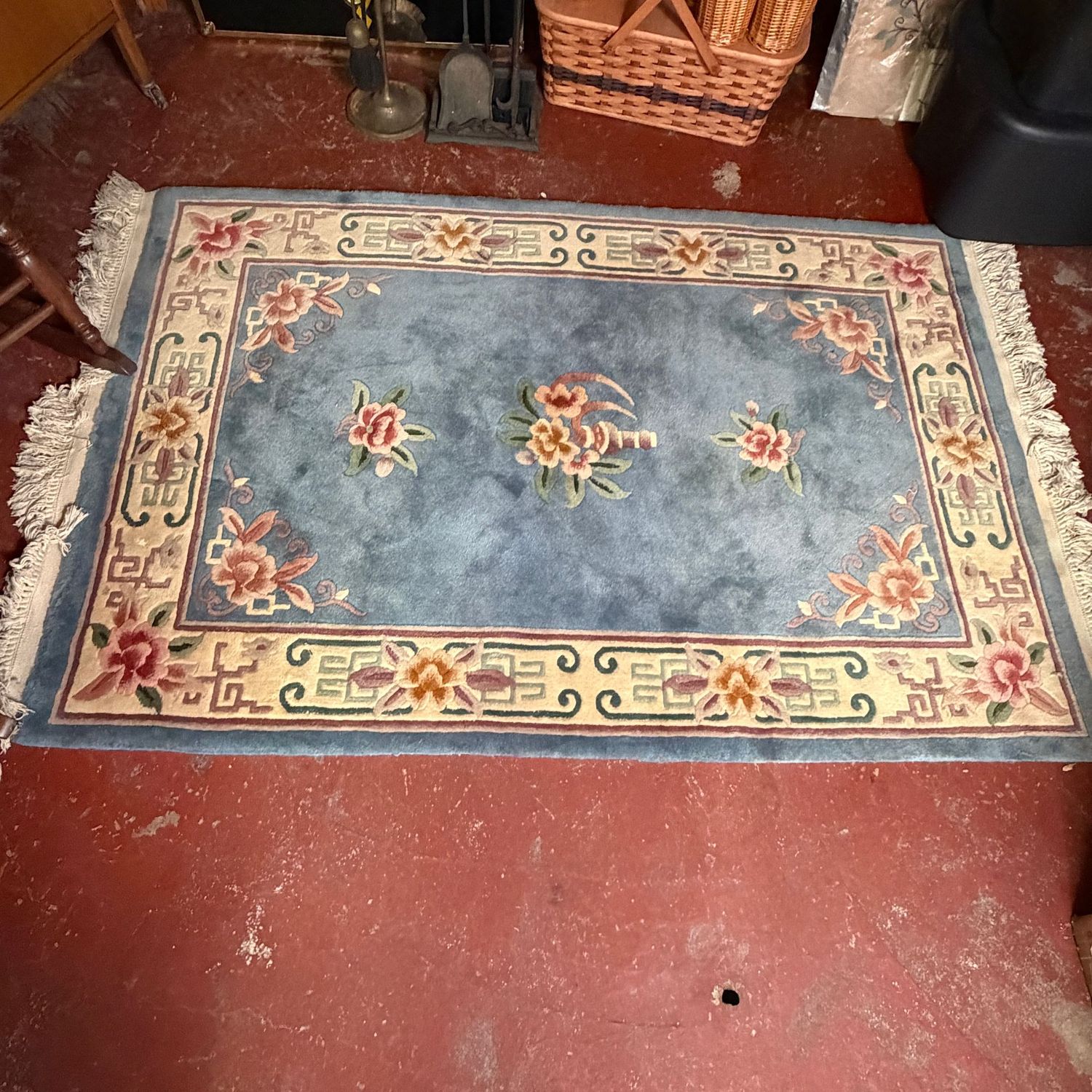 Pale blue and cream floral oriental rug with fringe, shows minor wear, needs some cleaning, but overall in good condition, 5'10" x 3'11"