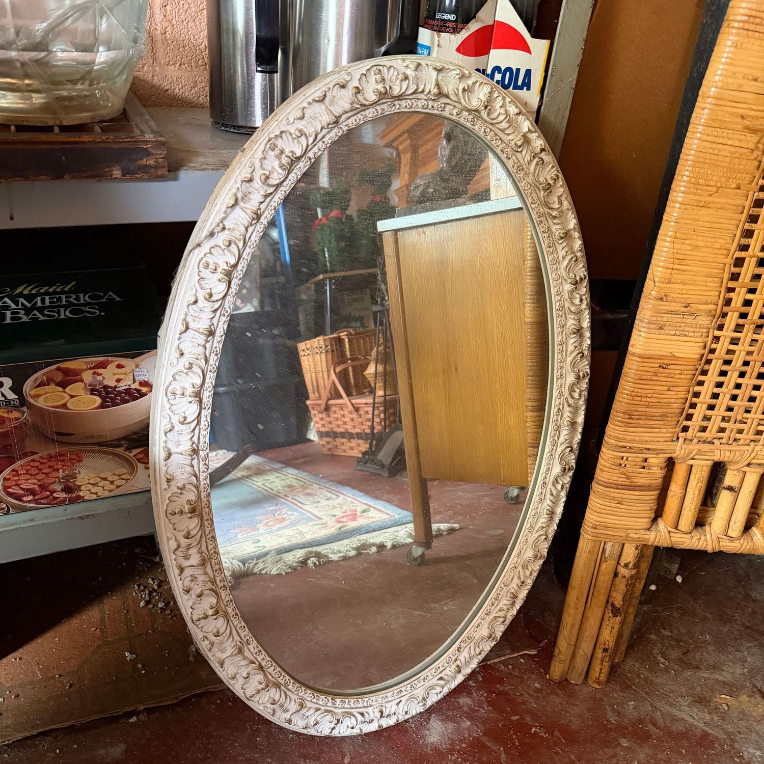 Large oval vintage bathroom vanity mirror with metal wall inset to fit a 17" x 13.5" opening, the front is 31" x 21"