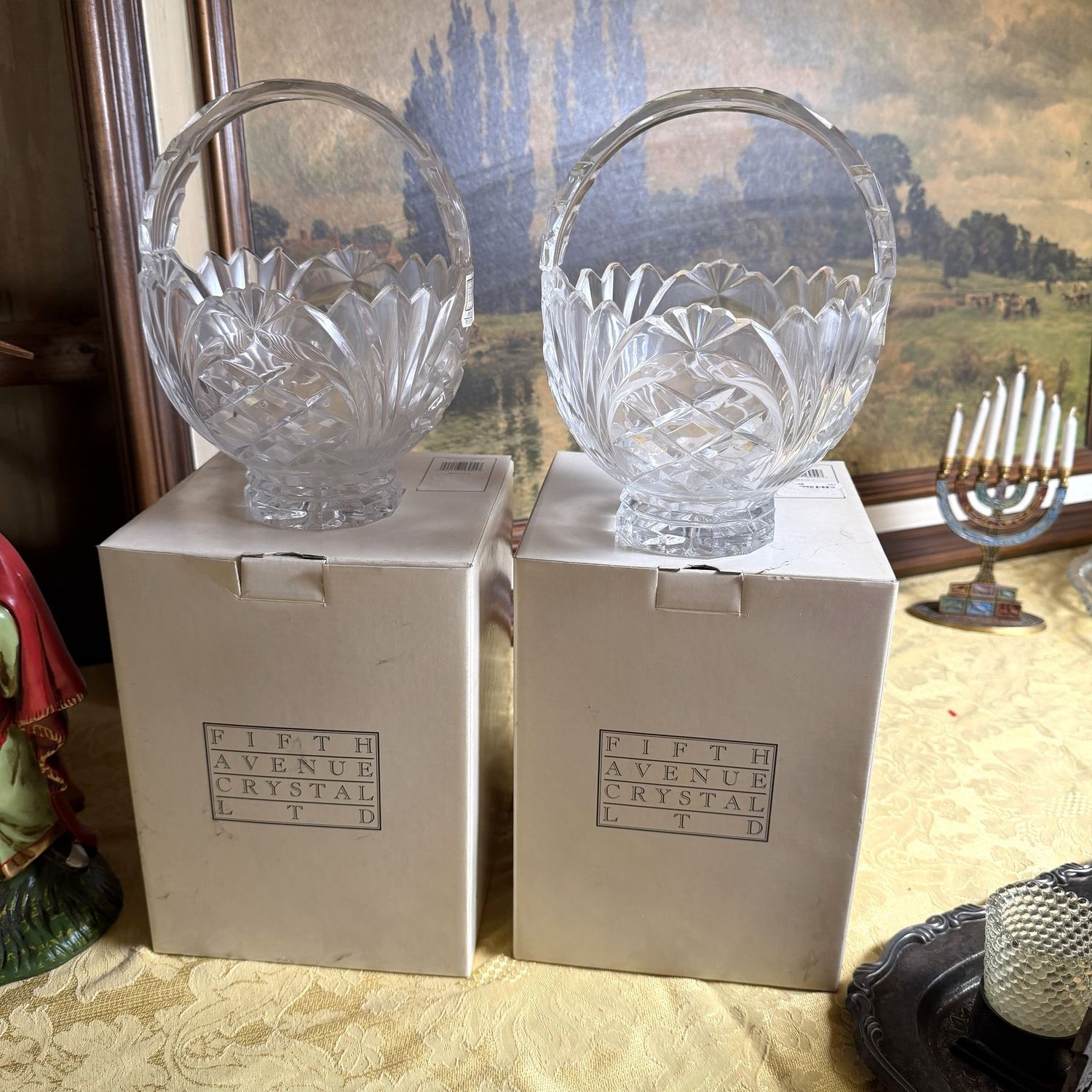 Pair of Fifth Avenue Polish crystal baskets with boxes, 8"H