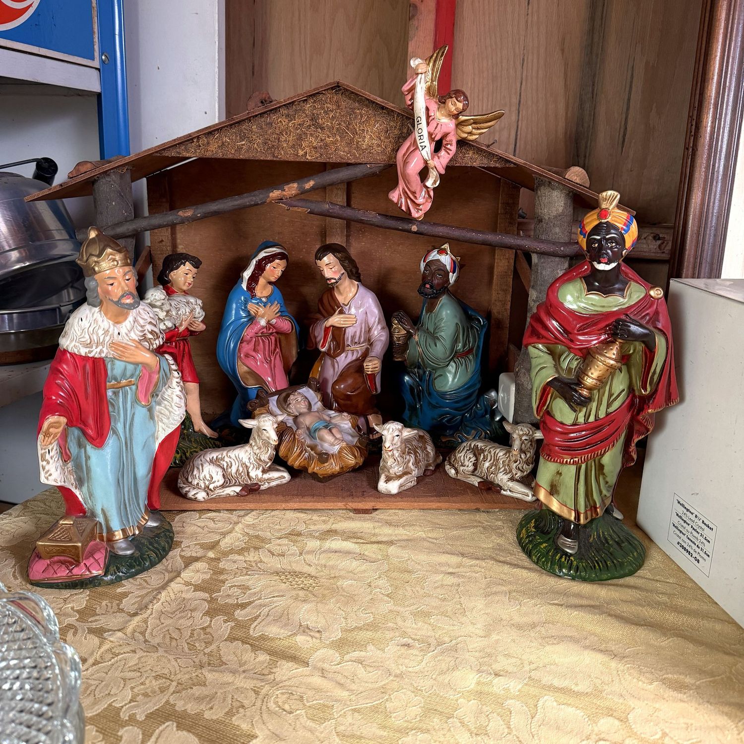 Vintage Japan colorful mache nativity scene, 15"H x 22"W