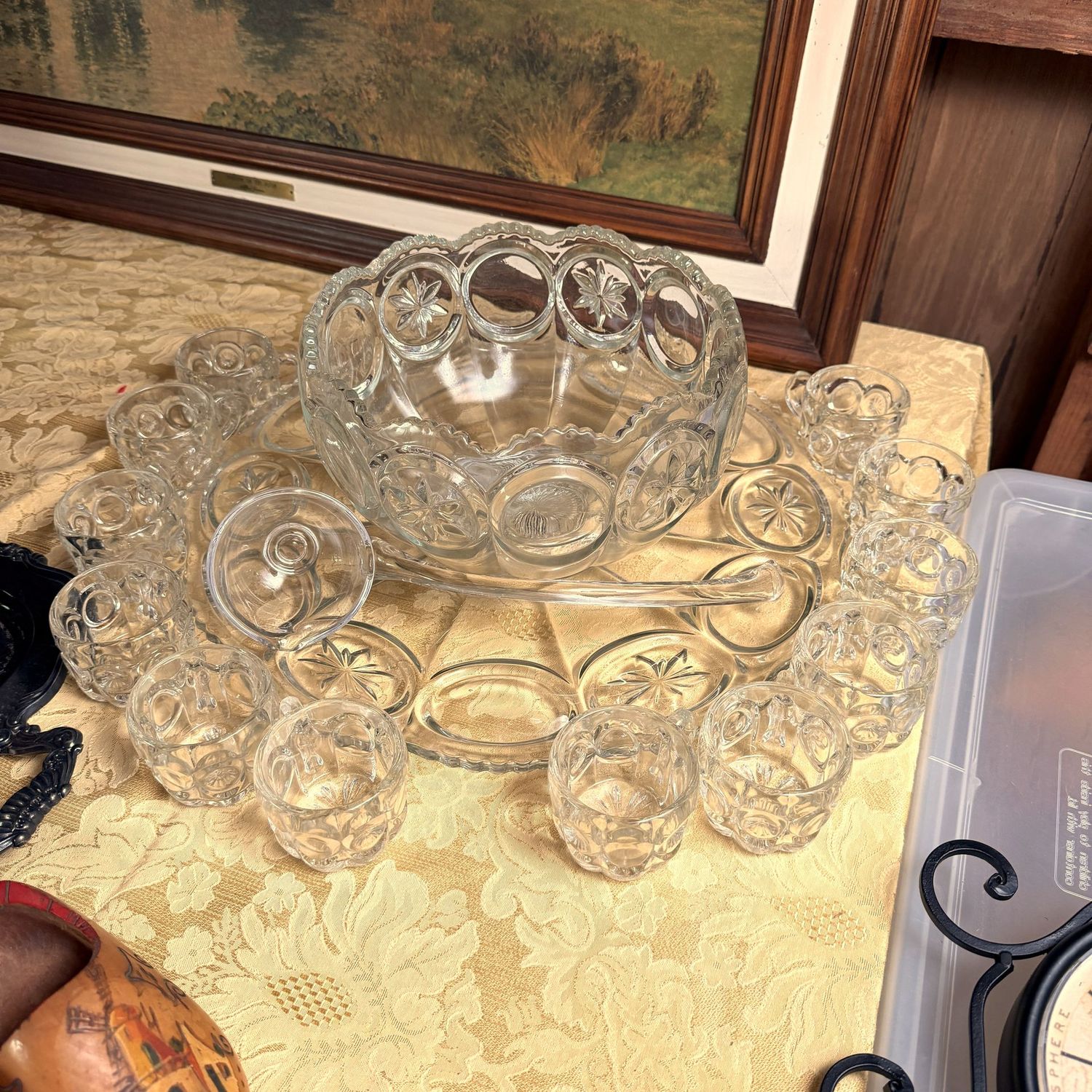 Vintage Tiffin Franciscan Moon & Stars Punch Bowl, glass ladle, 12 cups, and large 16" tray