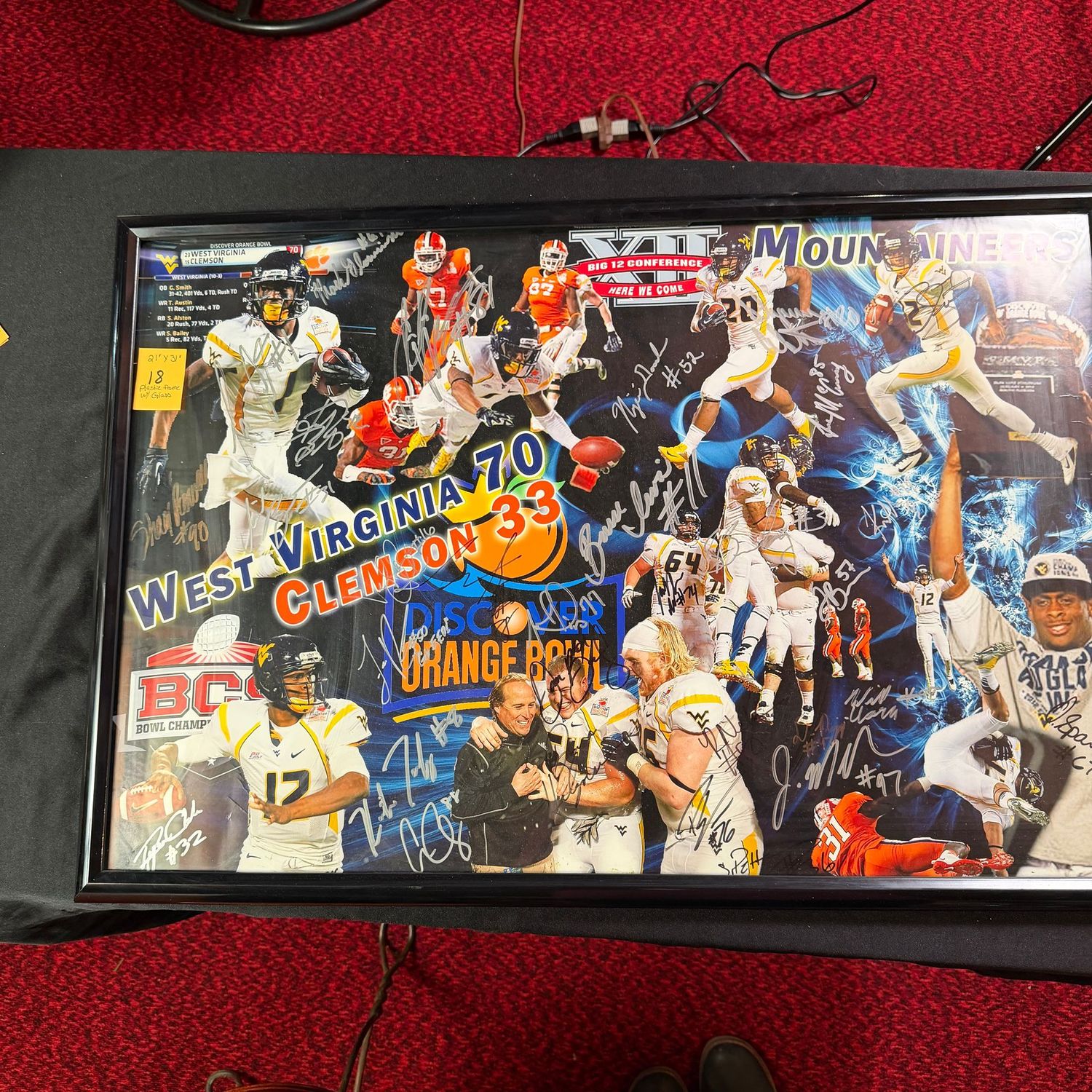 Framed & Signed (Plastic w/plexiglass) 21x31, #18, WVU Orange Bowl Team-Signed