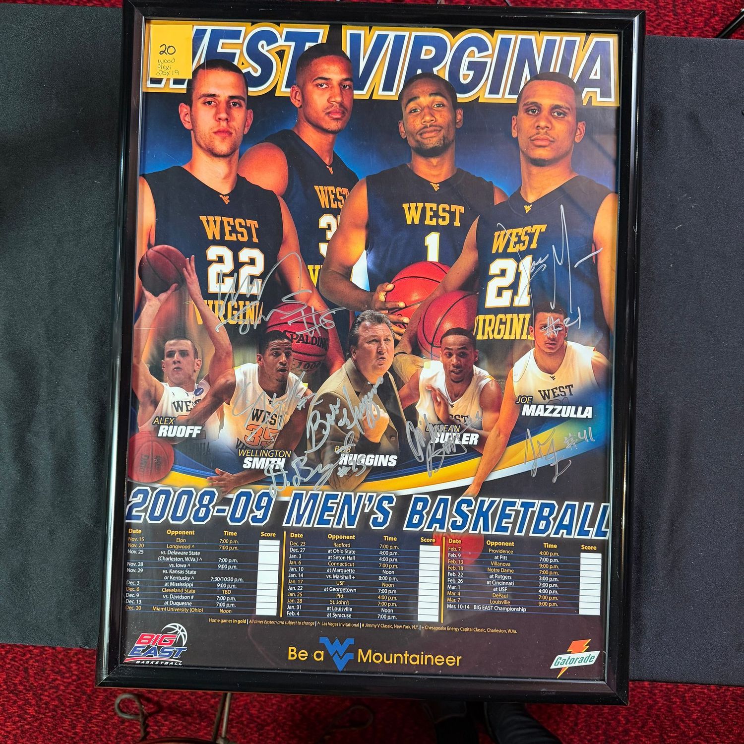Framed & Signed (wood w/plexiglass) 21x31, #20, Joe Mazzulla, Bob Huggins, Da'Sean Butler, Bryant
