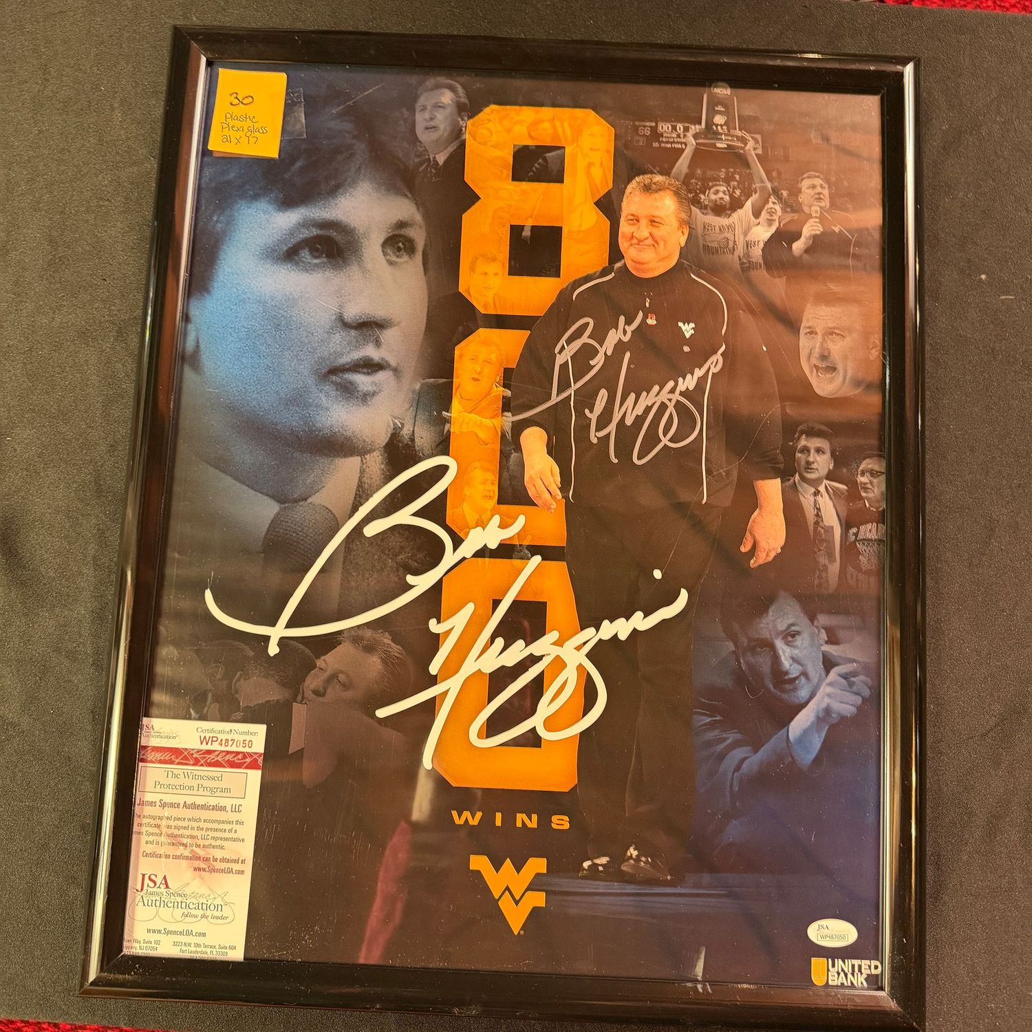 Framed & Signed (plastic w/plexiglass) 21x17, #30, JSA certified, Bob Huggins