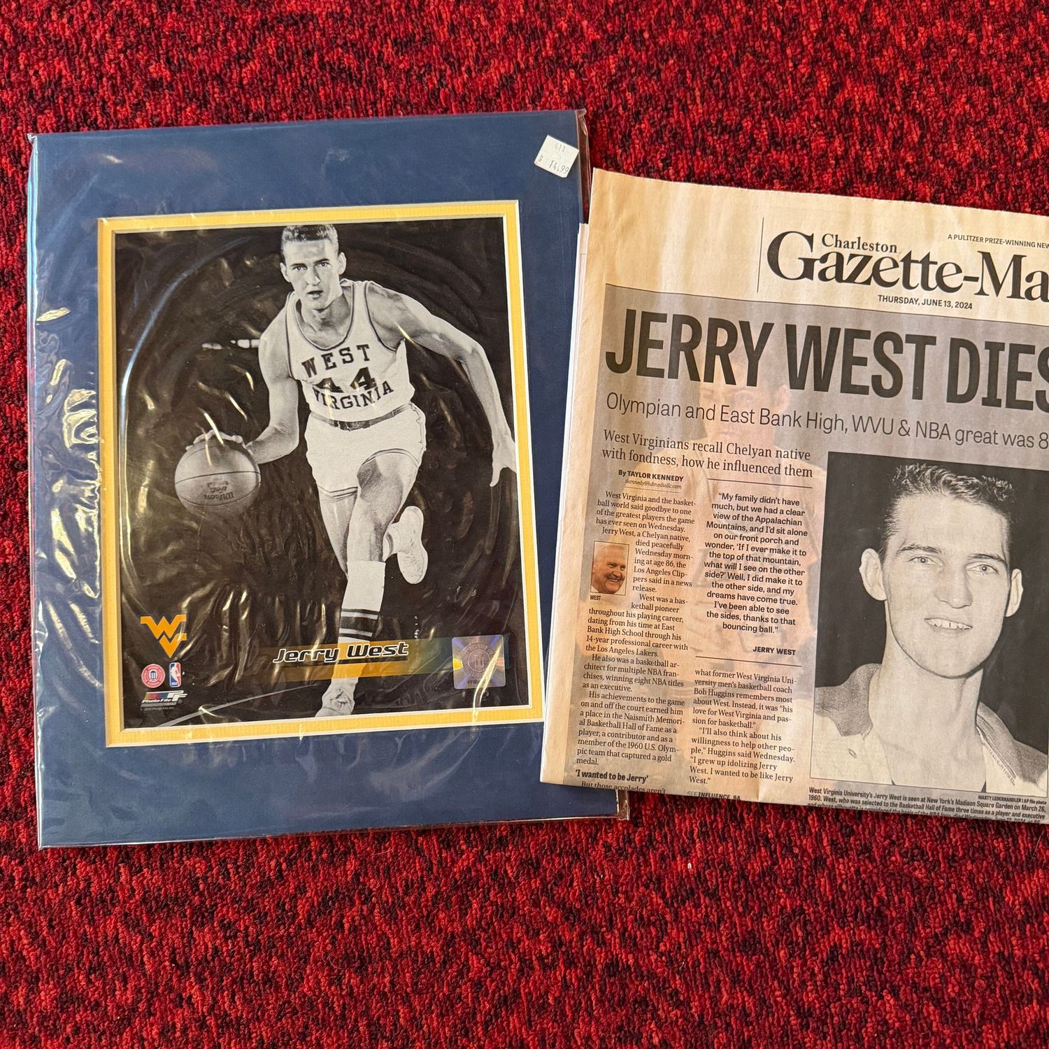 Jerry West authorized 8x10 portrait with matting and newspaper