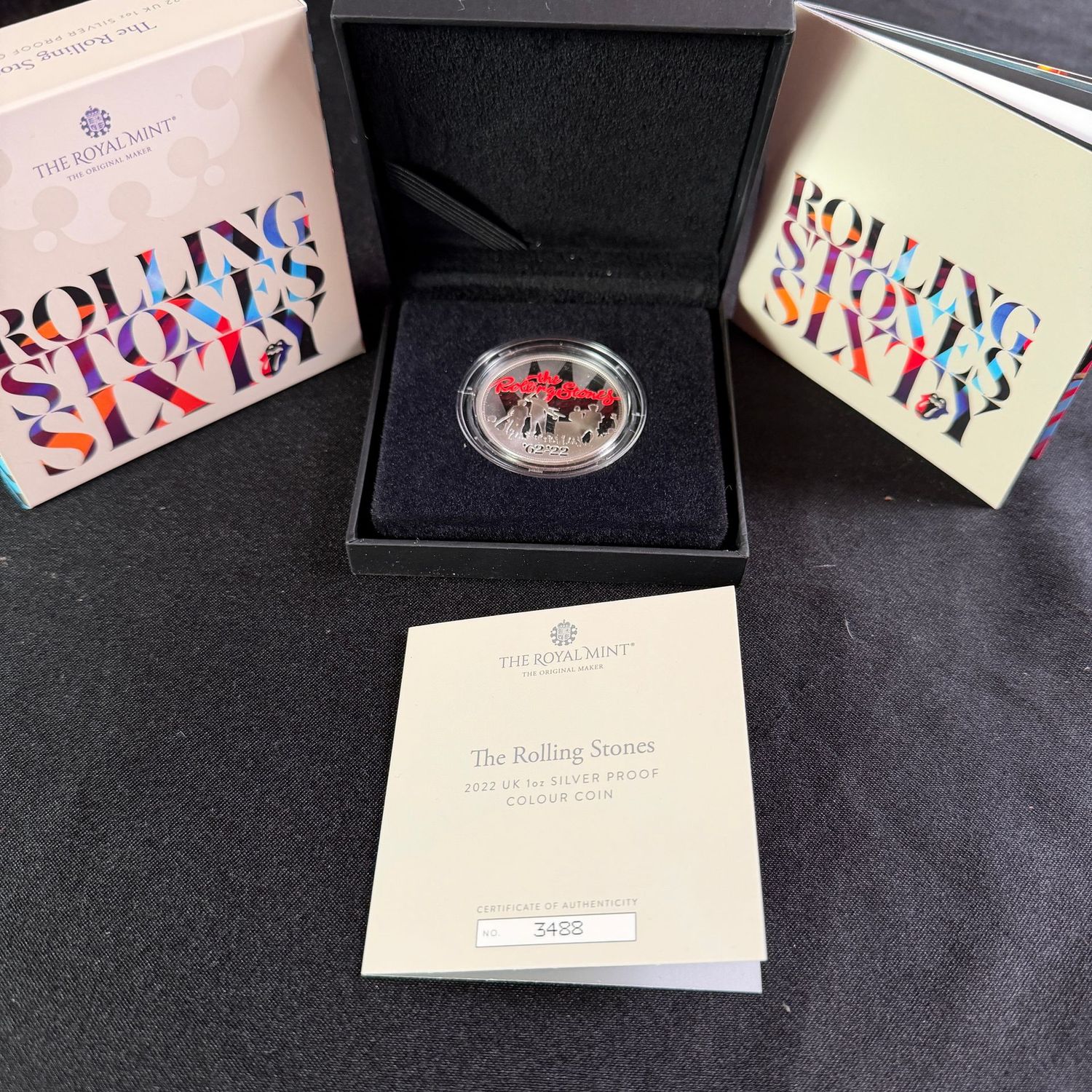 Royal Mint Rolling Stones color .999 coin, Queen Elizabeth on reverse, 2 pound