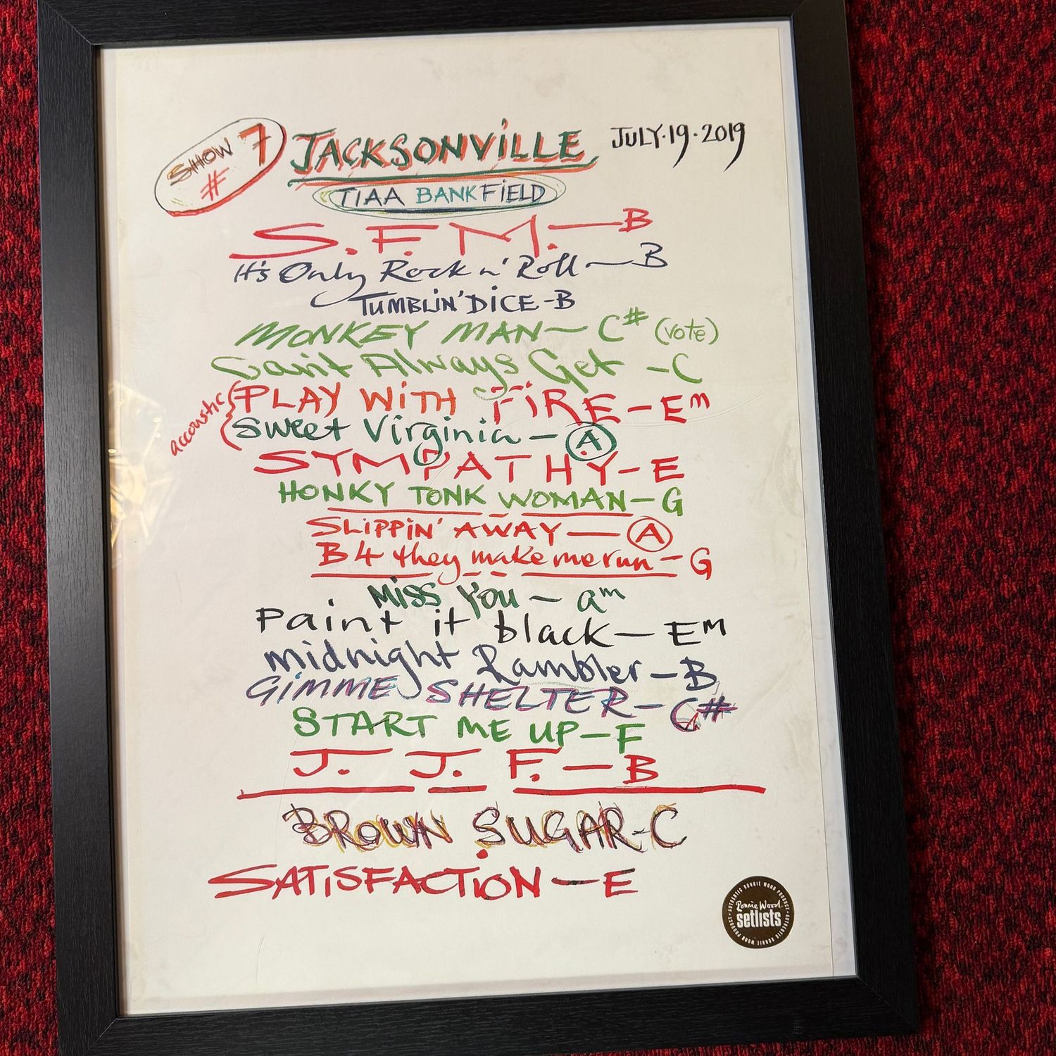 Rolling Stones framed poster 27" x 20", Ronnie Wood Set List Jacksonville