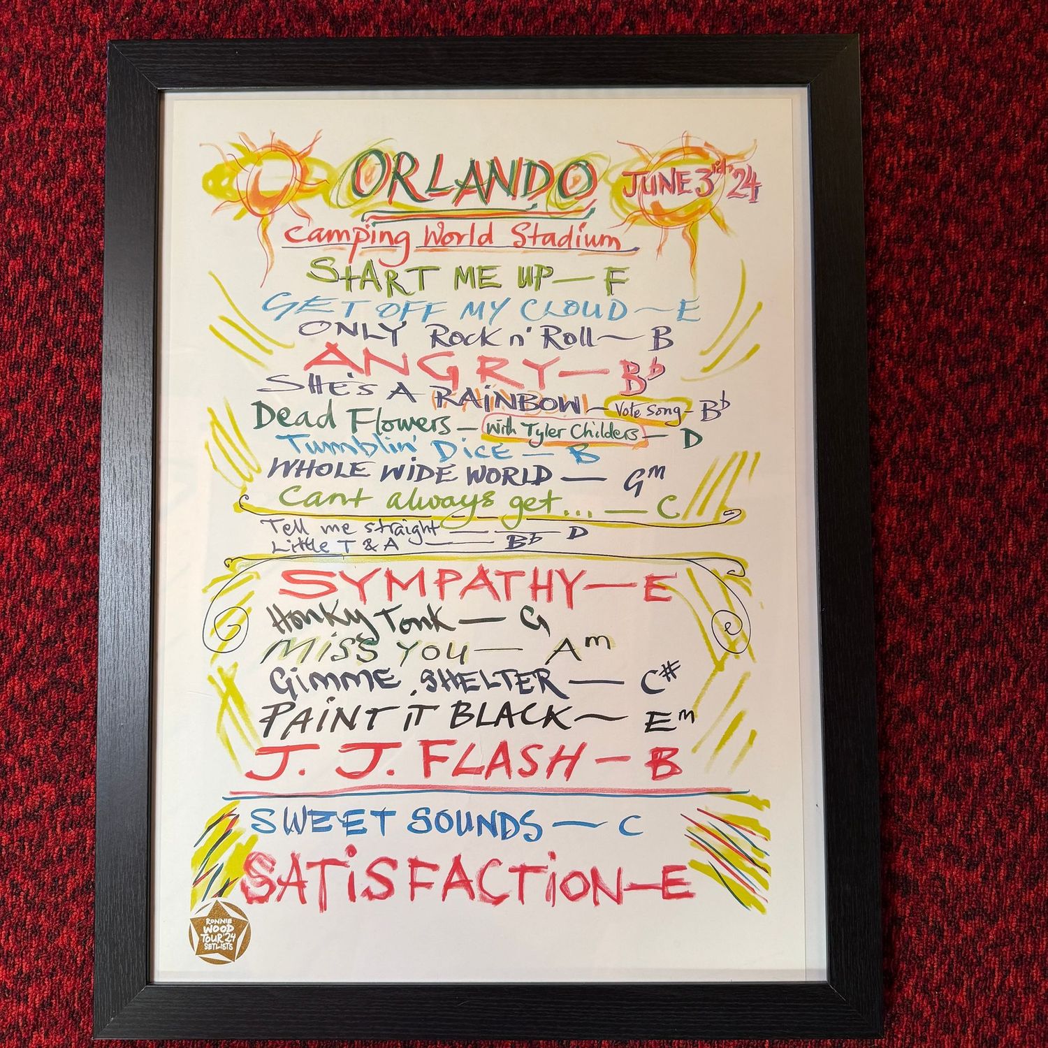 Rolling Stones framed poster 27" x 20", Ronnie Wood Set List for Orlando