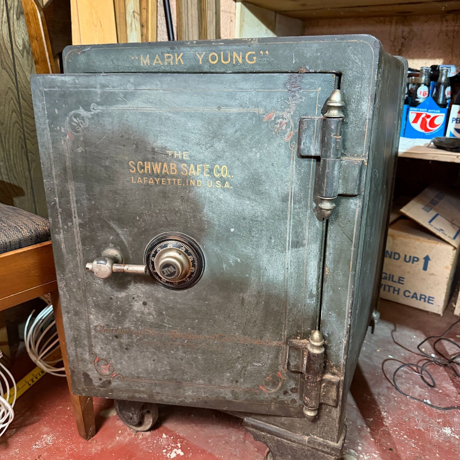 Schwab Safe, heavy duty steel, lots of compartments, great for display, is open and no combination, on steel wheels, 29"H x 31"D x 19"W (Heavy & in the Lower Level - Requires Special Moving Equipment)